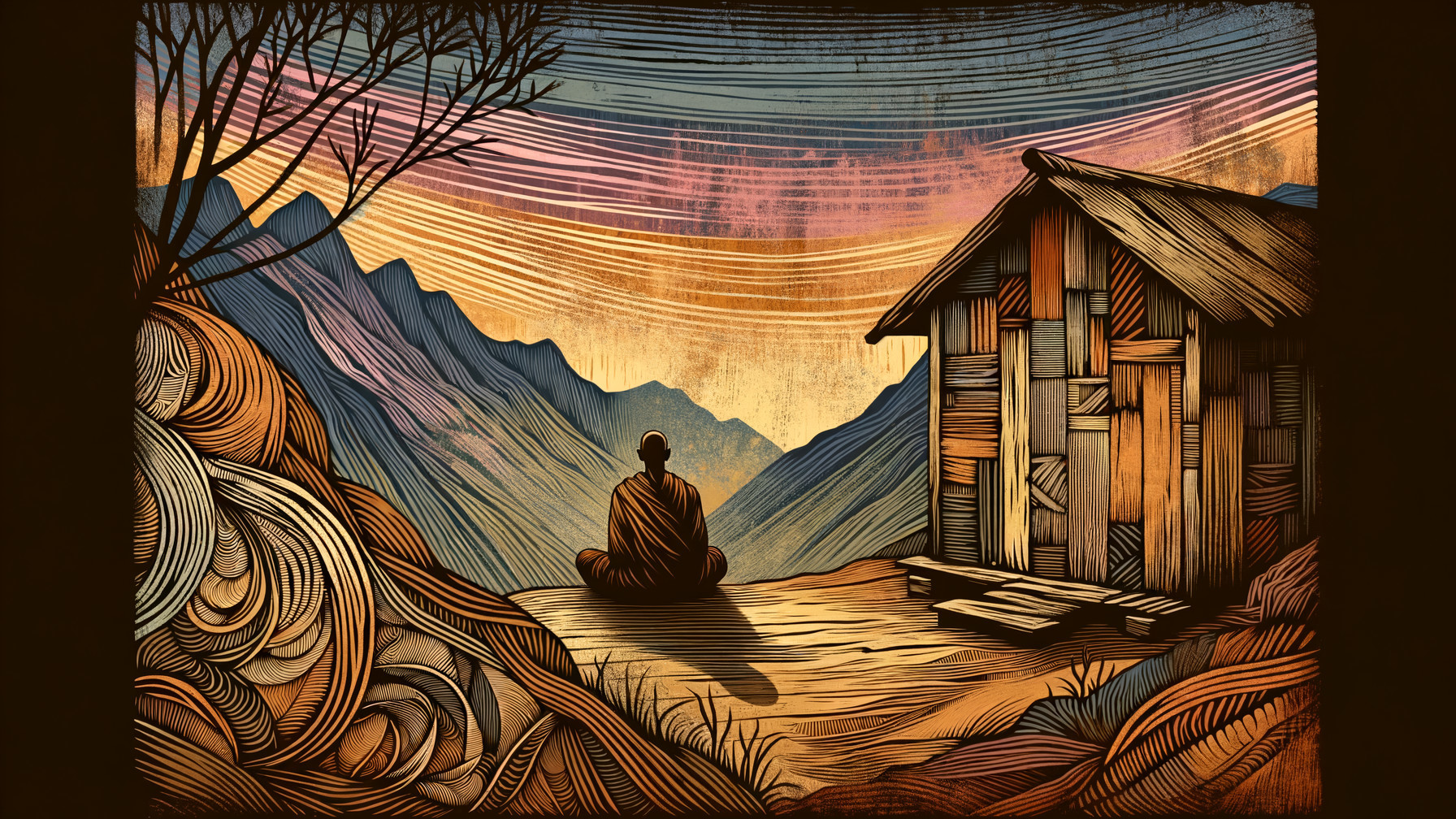 Serene Landscape with Meditating Figure and Mountains
