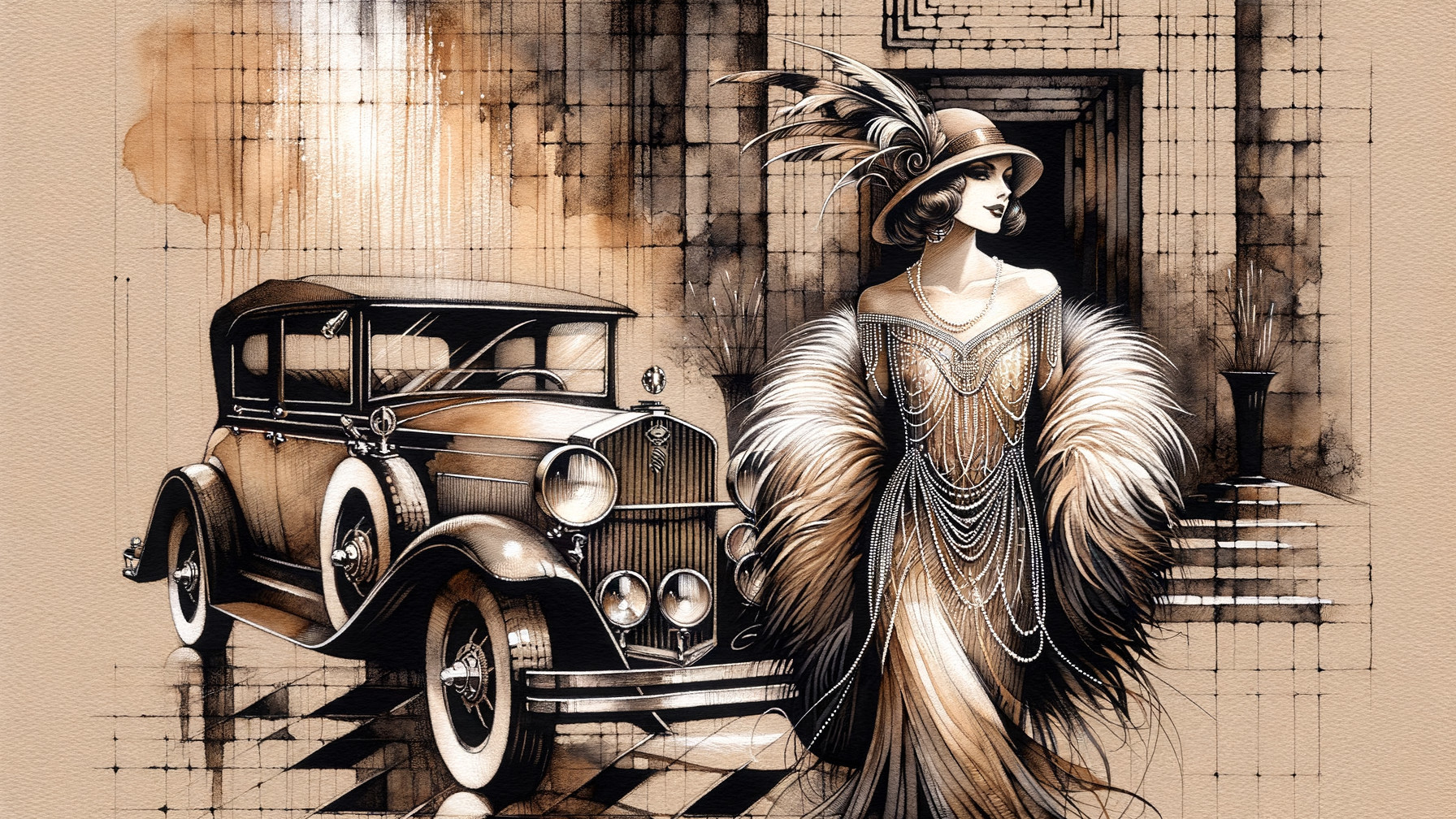 Stylish Woman in 1920s Flapper Dress by Vintage Car