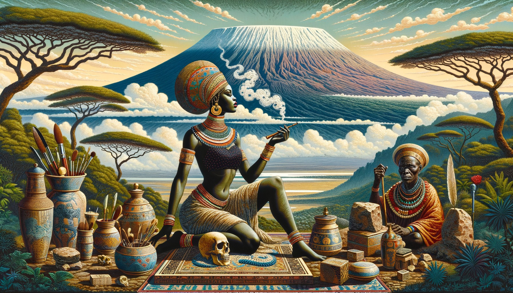 Majestic Volcano Landscape with Cultural Figures