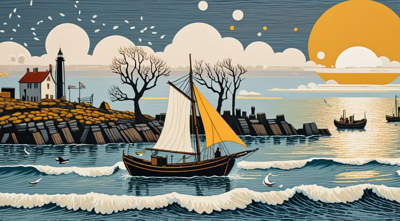 Coastal Scene with Sailboat and Lighthouse at Sunset