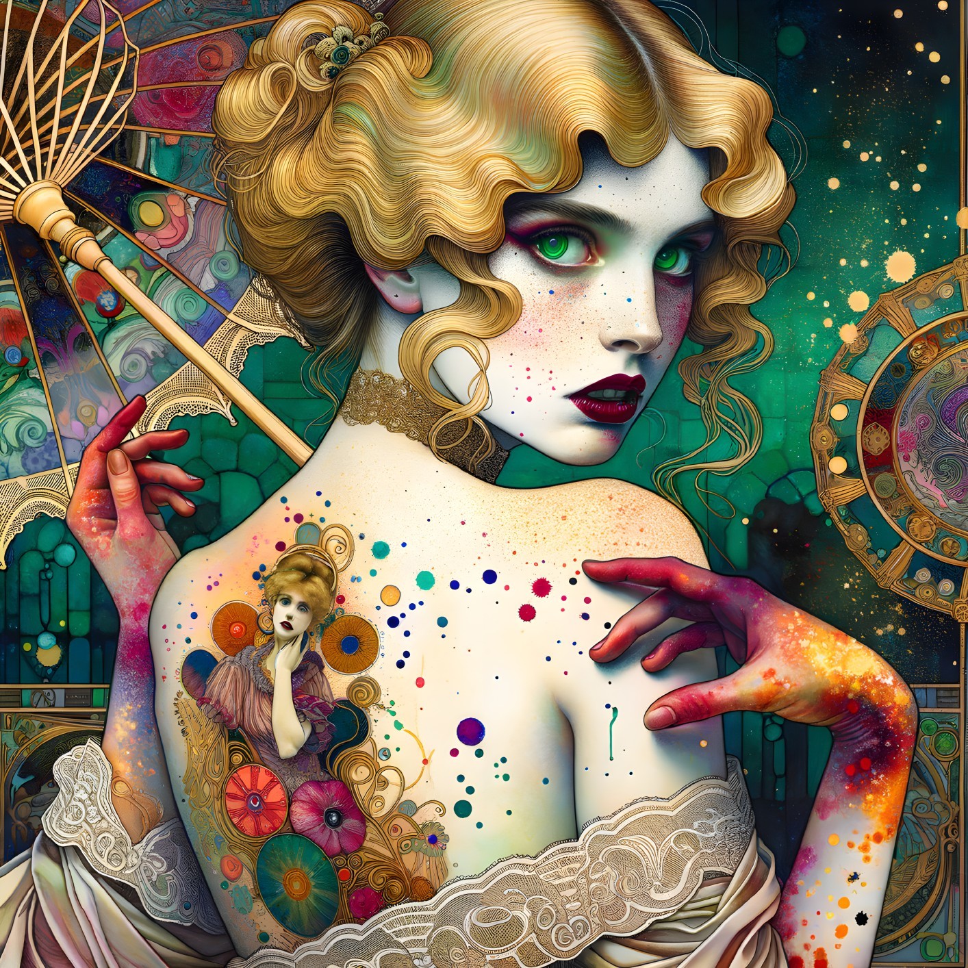 Woman with Green Eyes and Colorful Back Tattoo