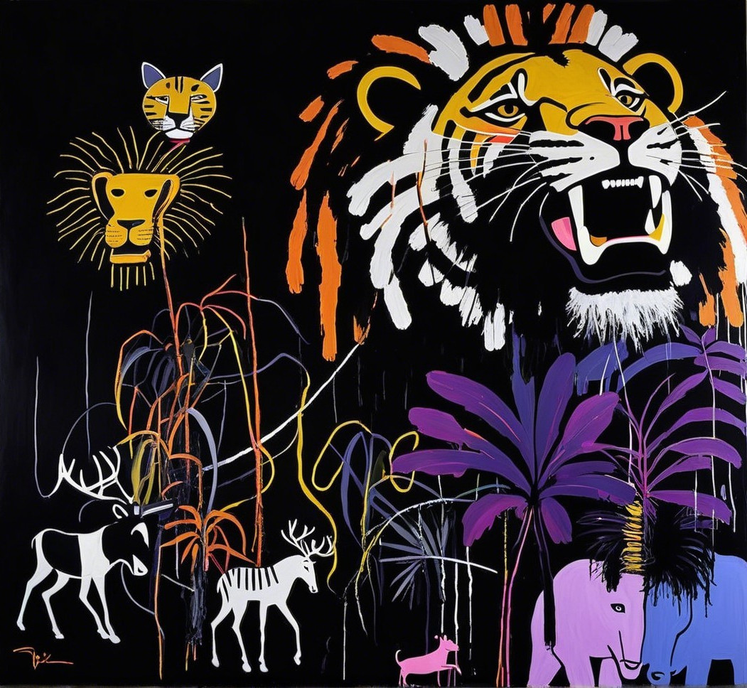 Abstract Wildlife Art with Bold Colors on Black Background