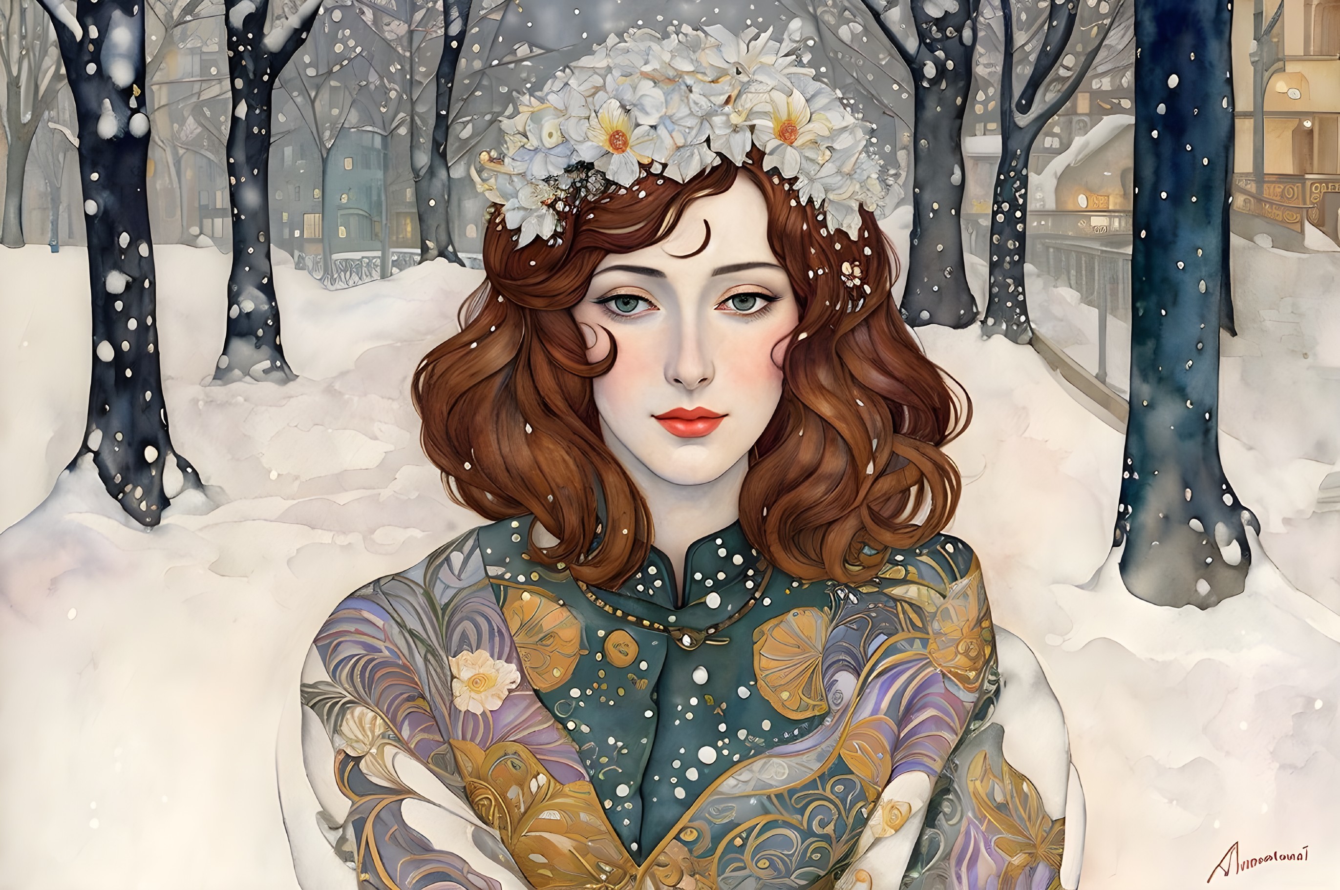 Illustration of a woman in a snowy forest setting