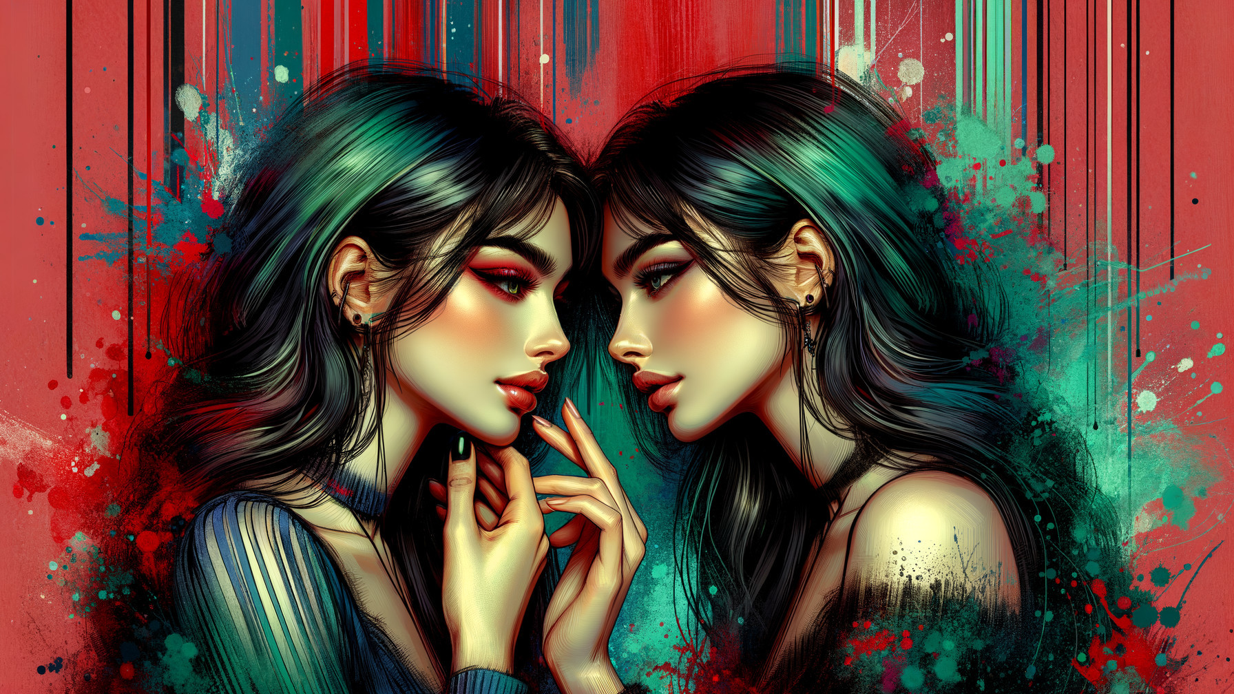 Two Similar Women with Colorful Paint Background