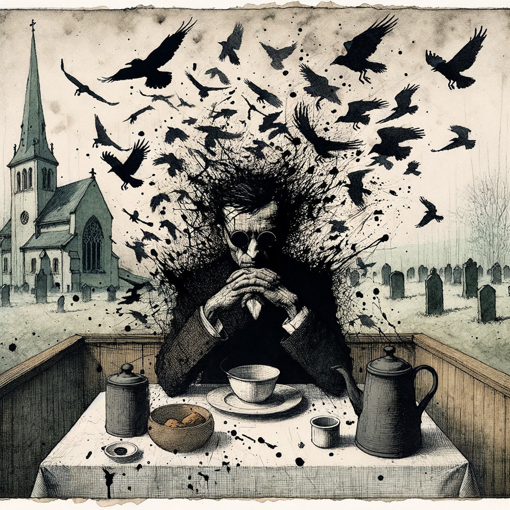 Solitary Figure in Graveyard with Crows and Gravestones