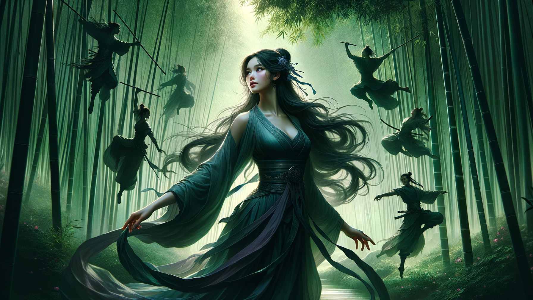 Mystical Bamboo Forest with Elegant Figures in Motion