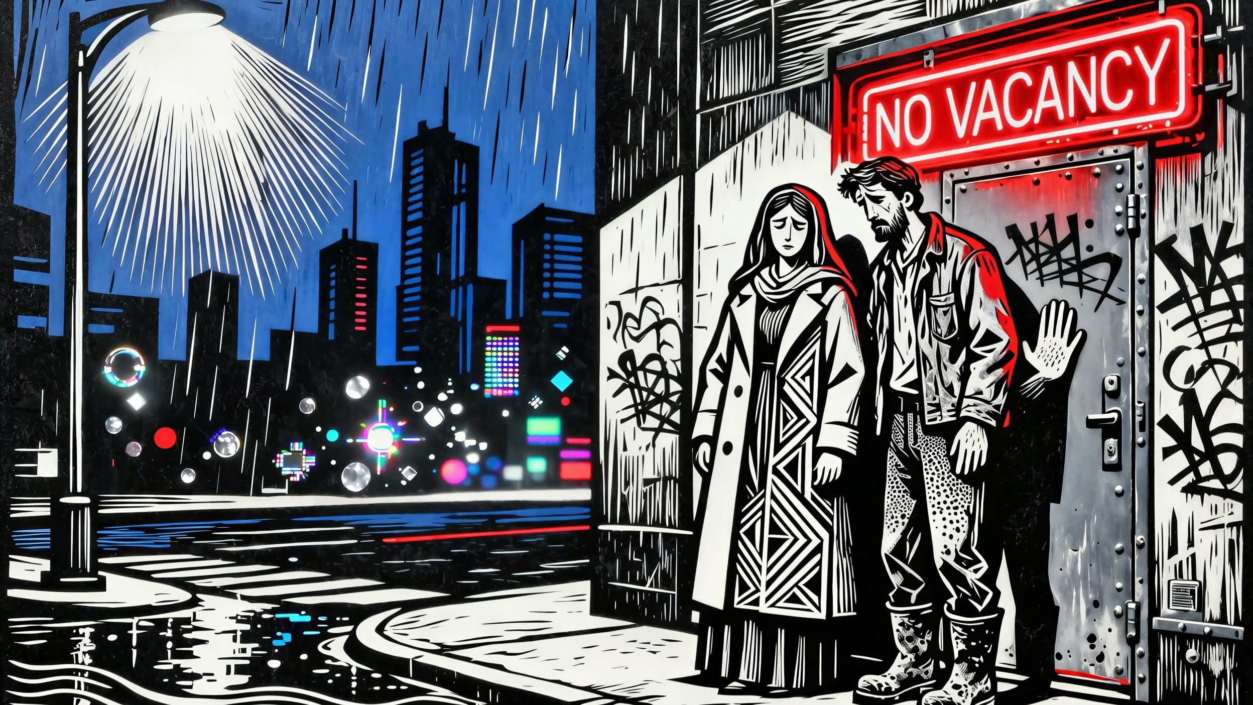 Woodcut Style Artwork of Couple in Rain with Neon Sign