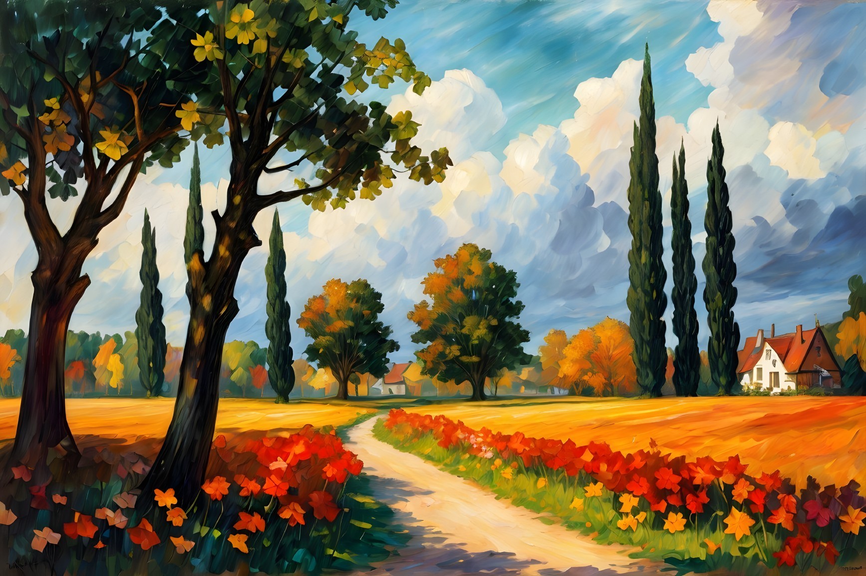 Vibrant Pastoral Scene with Colorful Blooms and Trees