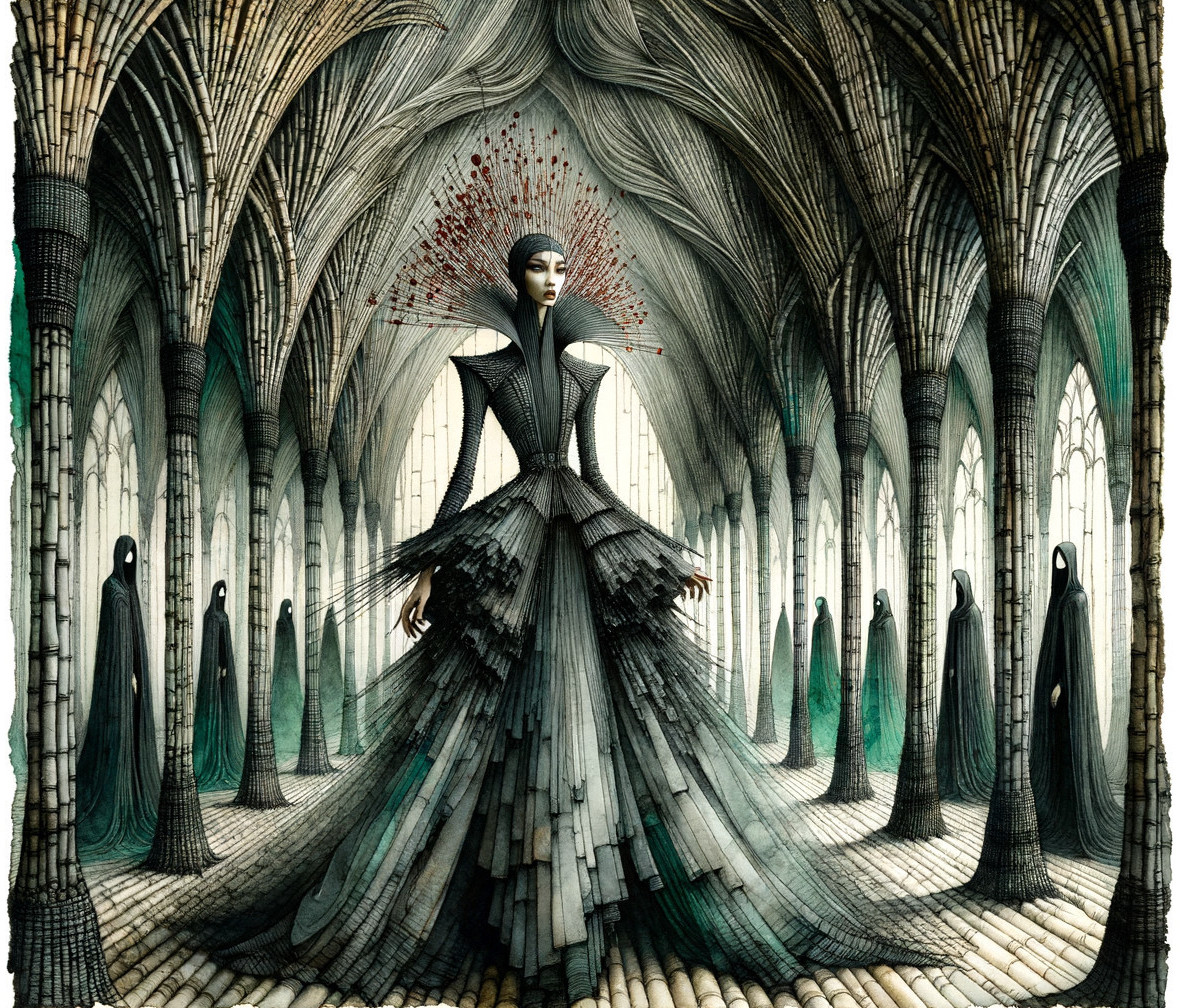 Dramatic Scene of Central Figure in Dark Gown