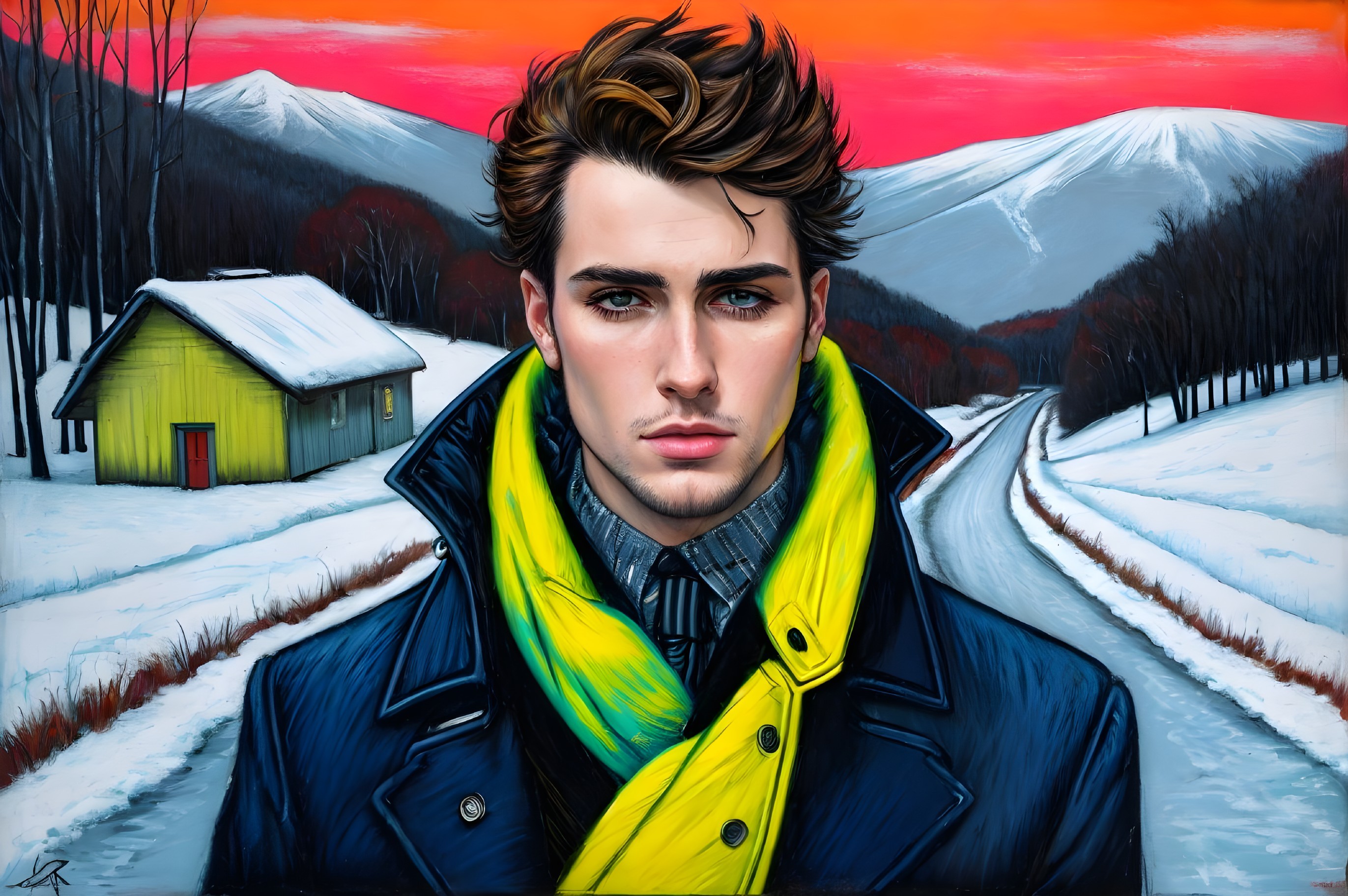 Digital Portrait of Young Man in Winter Landscape