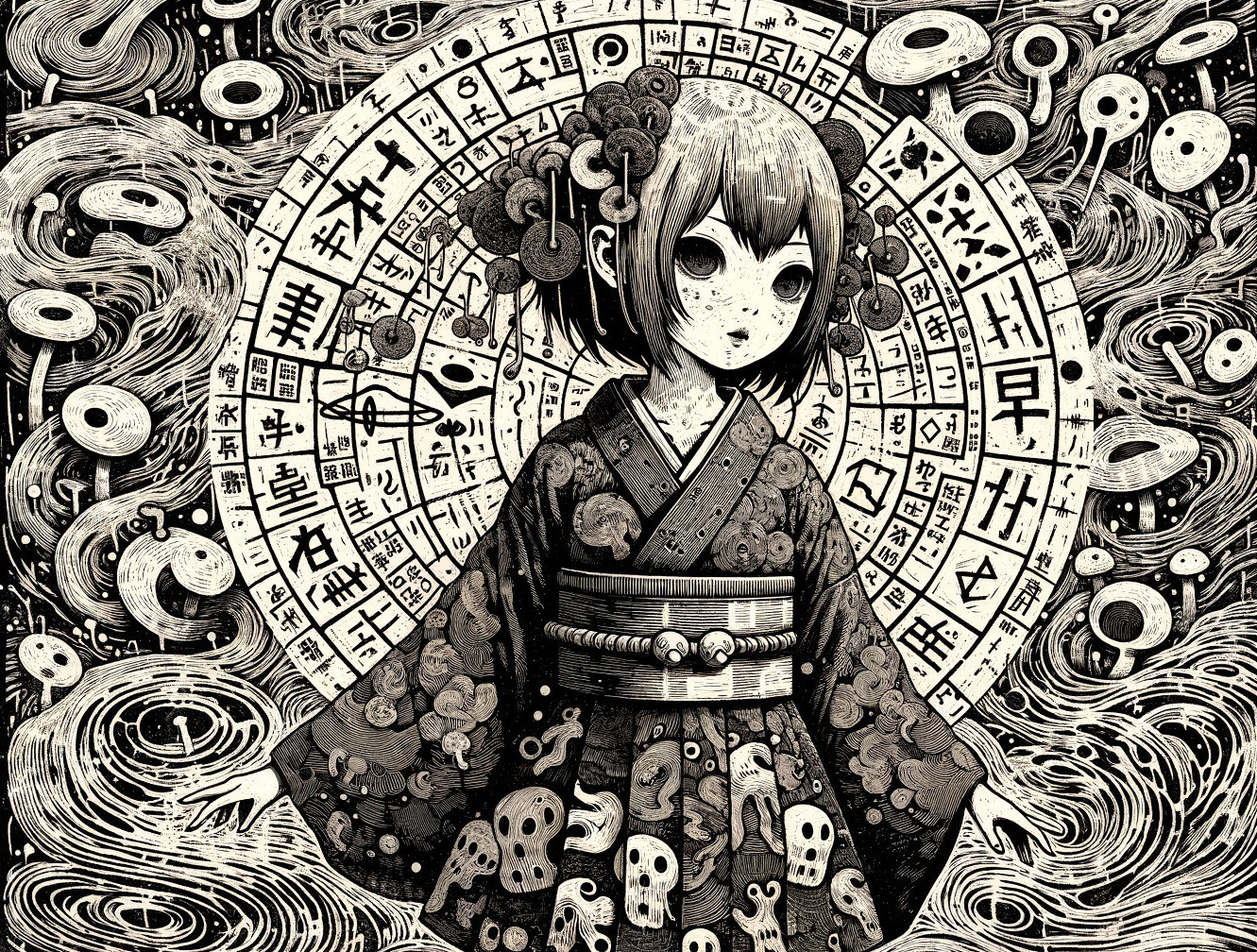 Girl in Kimono Surrounded by Mystical Patterns