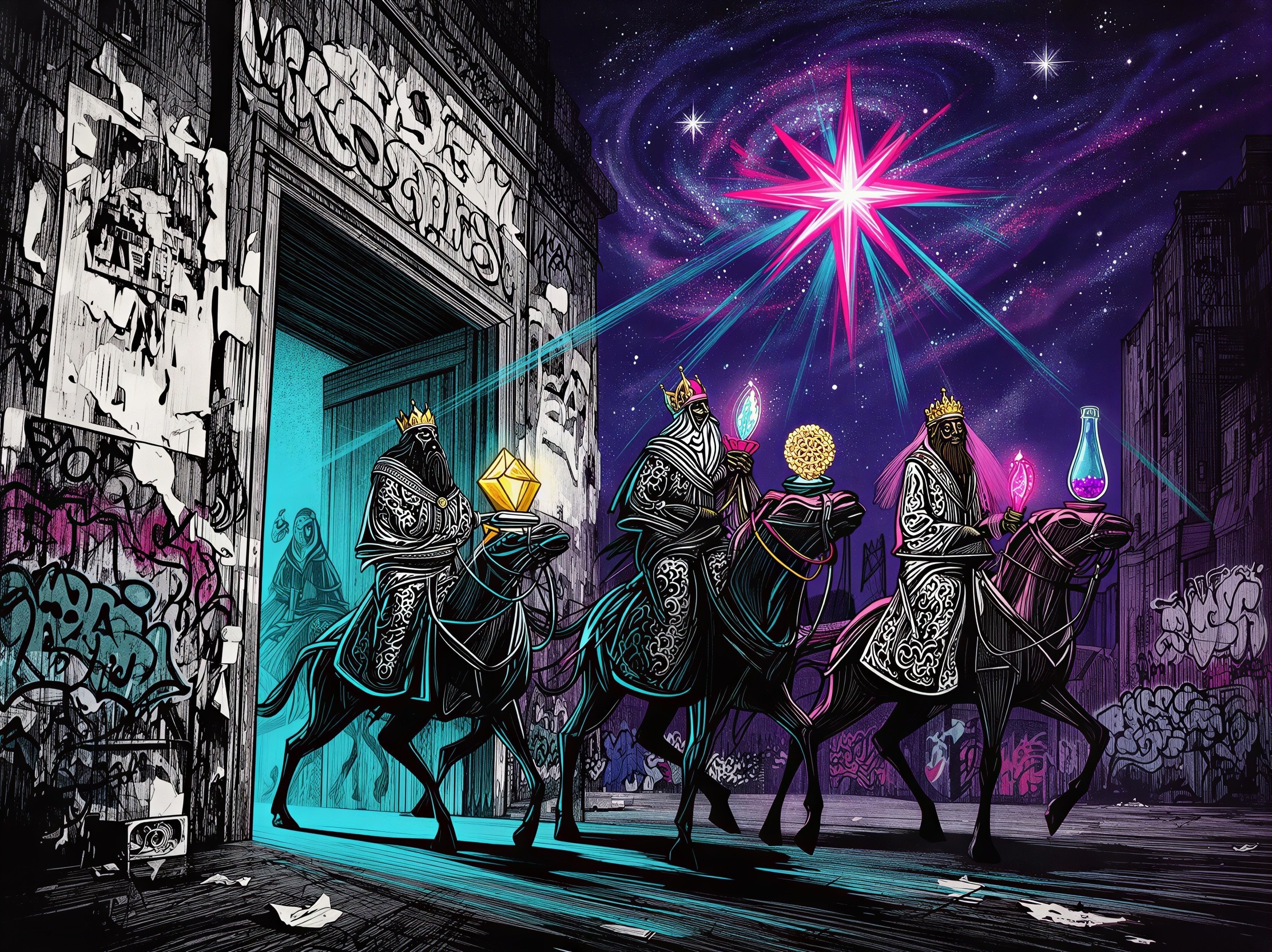 Three Kings on Camels in Neon Urban Landscape