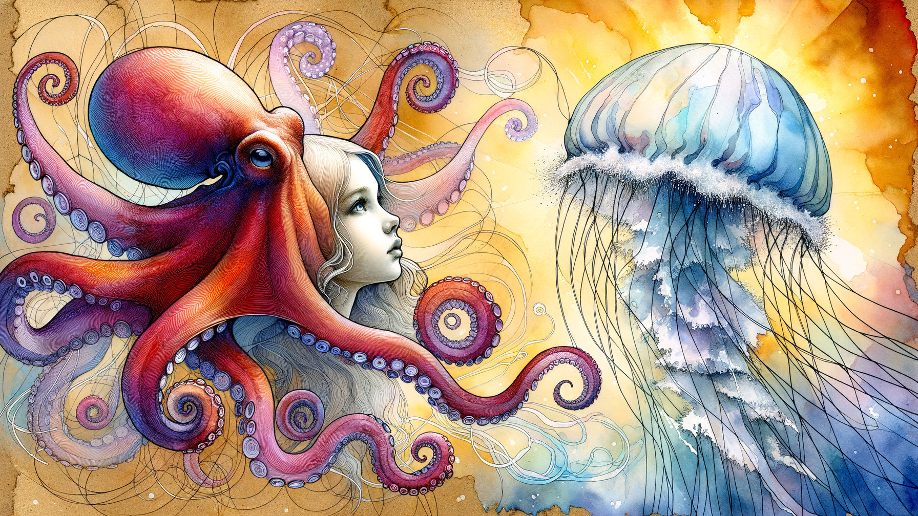 Surreal Illustration of an Octopus and Dreamy Girl