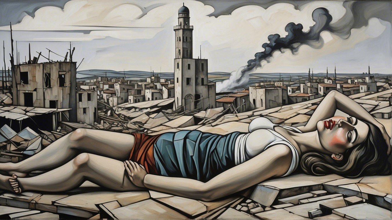 Reclining Woman in Desolate Urban Landscape Art