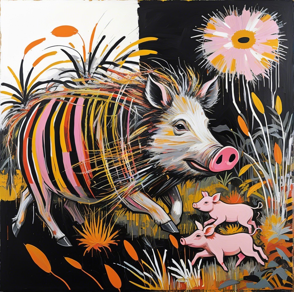 Colorful Painting of a Wild Boar in a Whimsical Landscape
