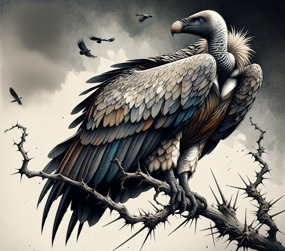 Majestic Vulture on Thorny Branch with Dramatic Background