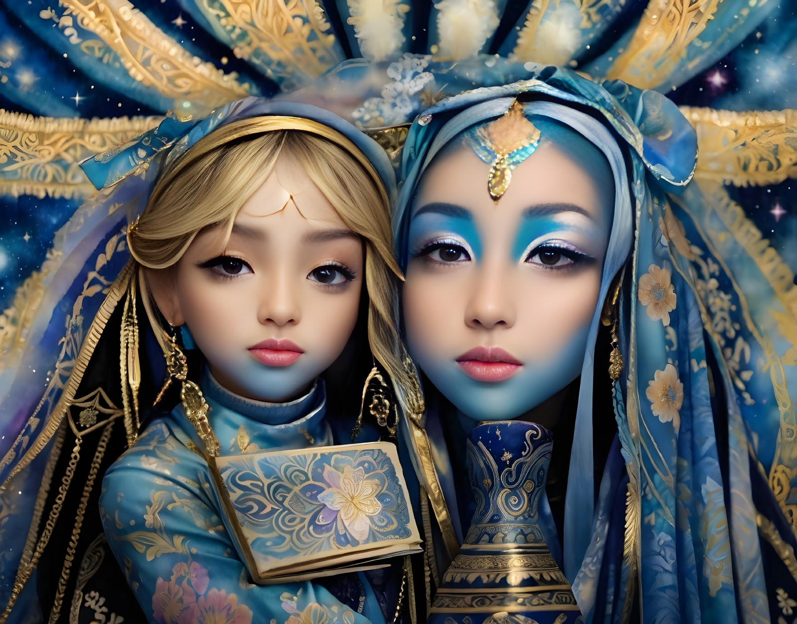 Elegantly Dressed Figures in Celestial Blue Garments