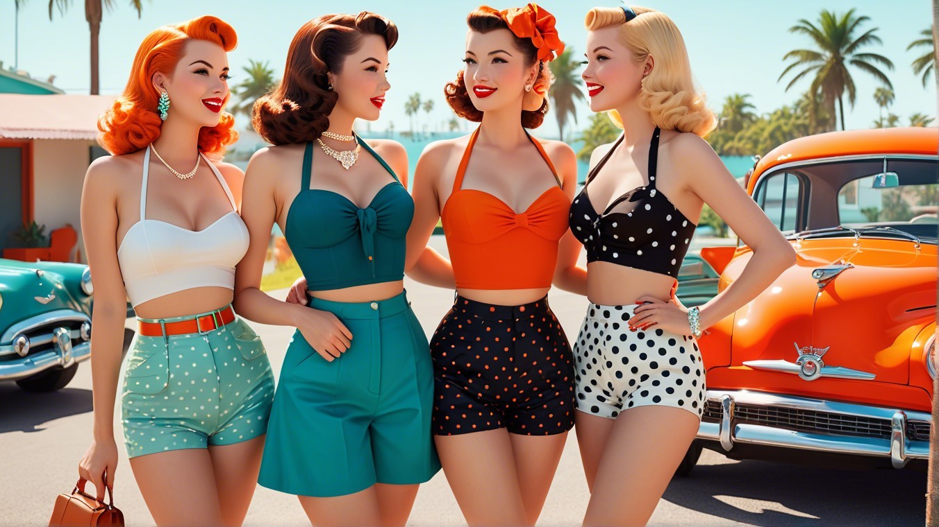 Vintage 1950s Swimsuit Fashion with Classic Car