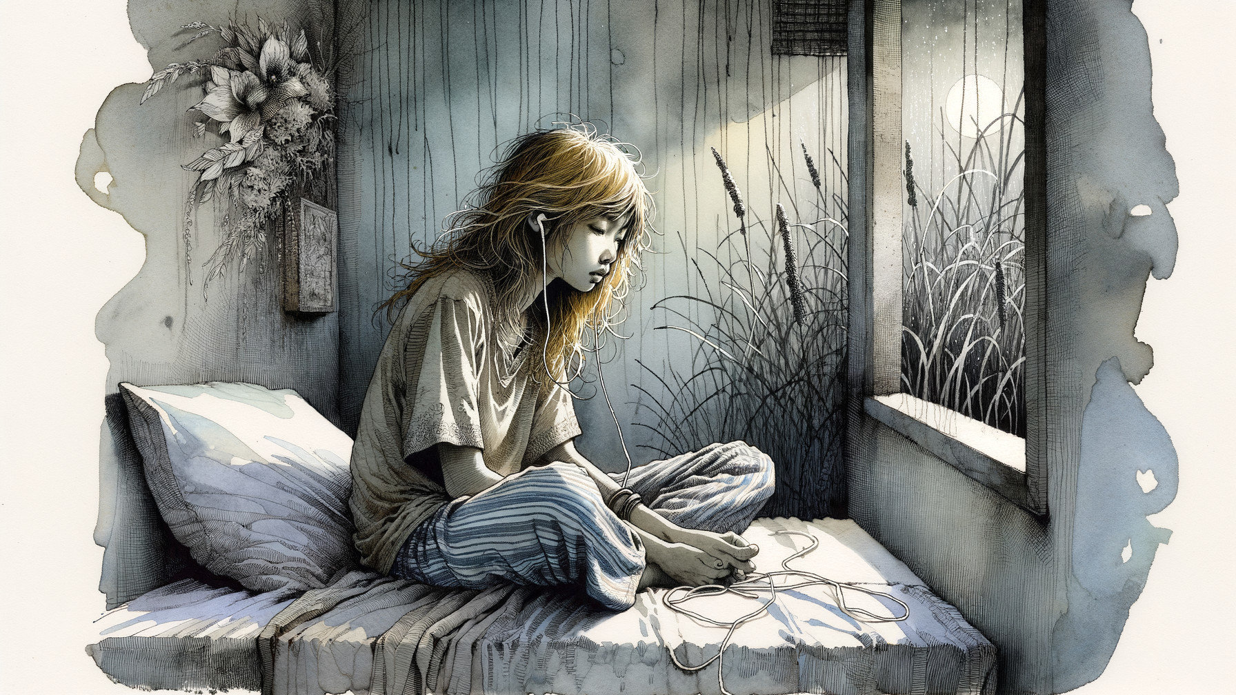 Young girl in dim room gazing out window thoughtfully