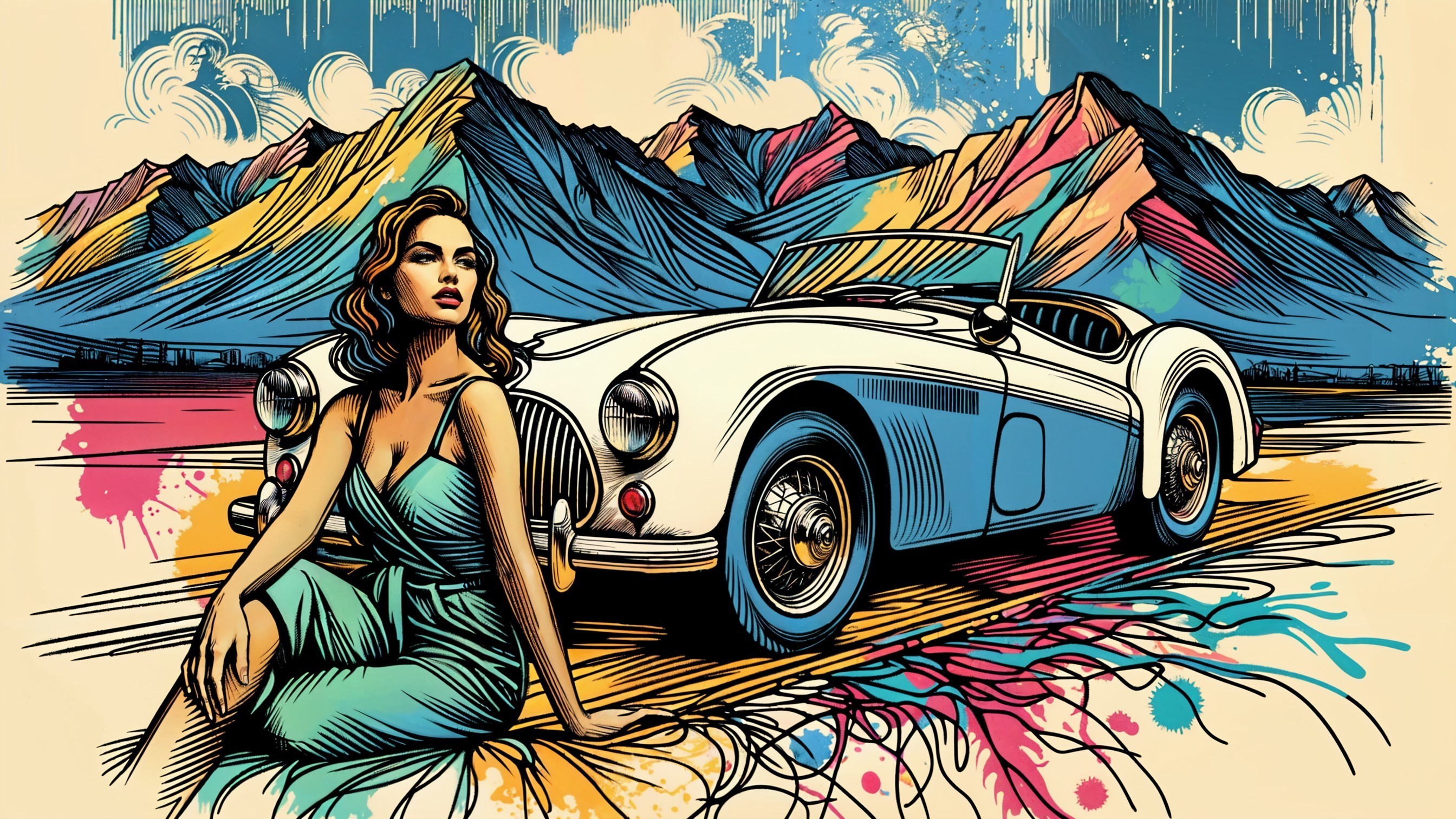 Vintage Convertible on Colorful Road with Mountains