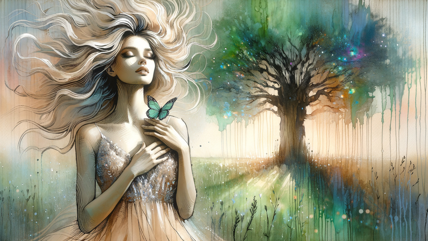 Serene young woman in a colorful field with butterfly