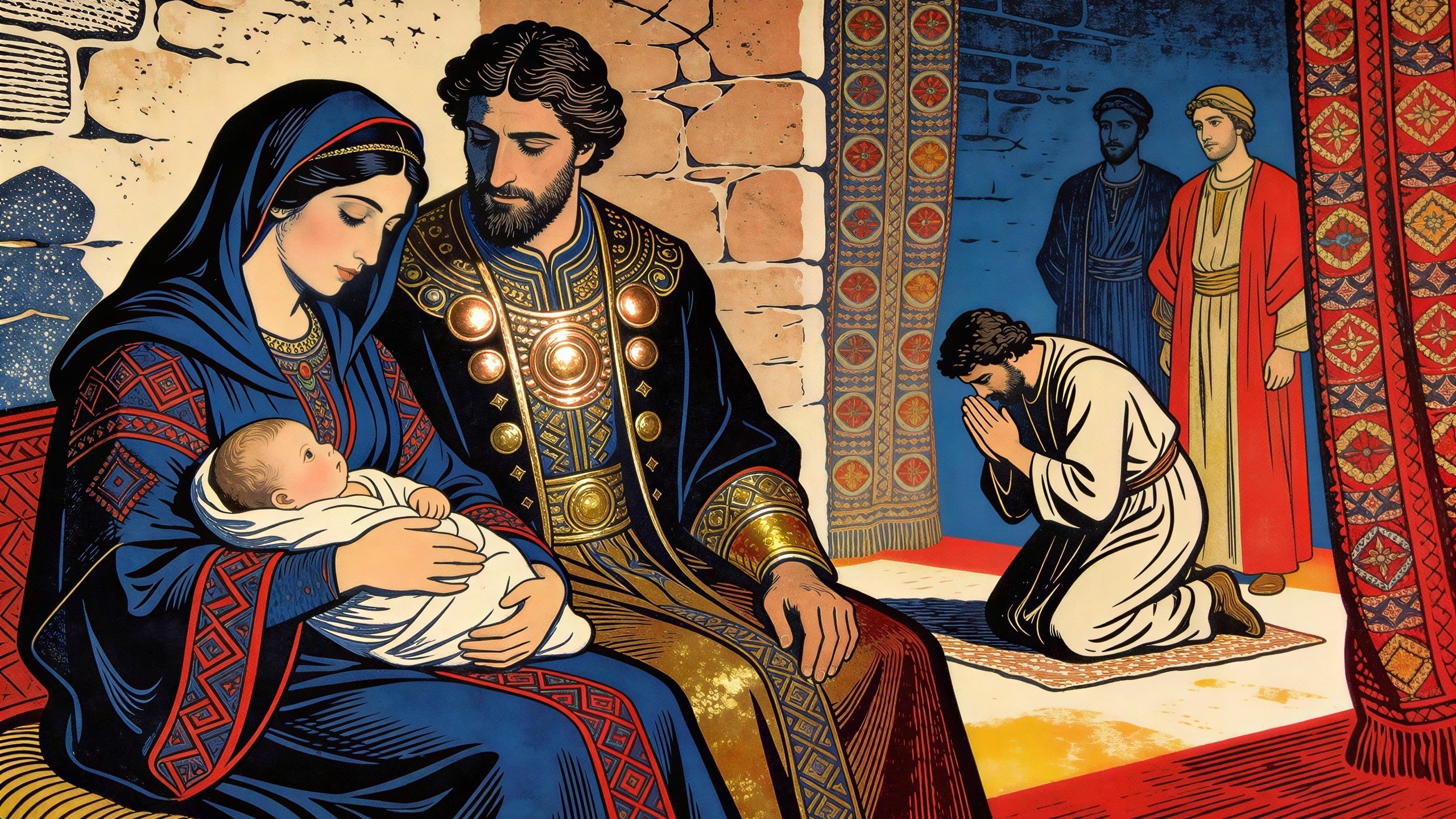 Cartoon-like depiction of the Holy Family and visitor