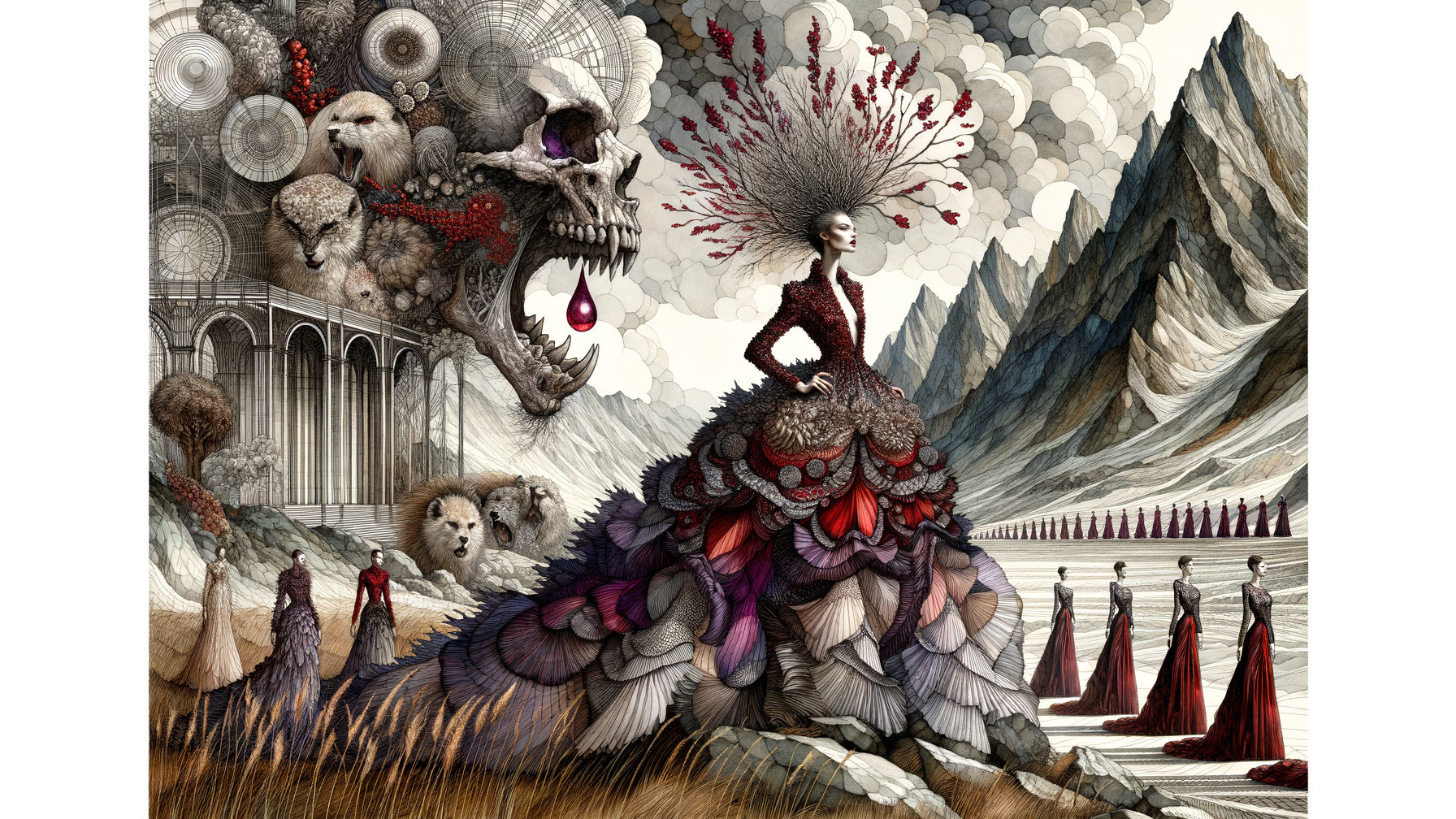 Surreal Landscape with Dramatic Figures and Skull Structure