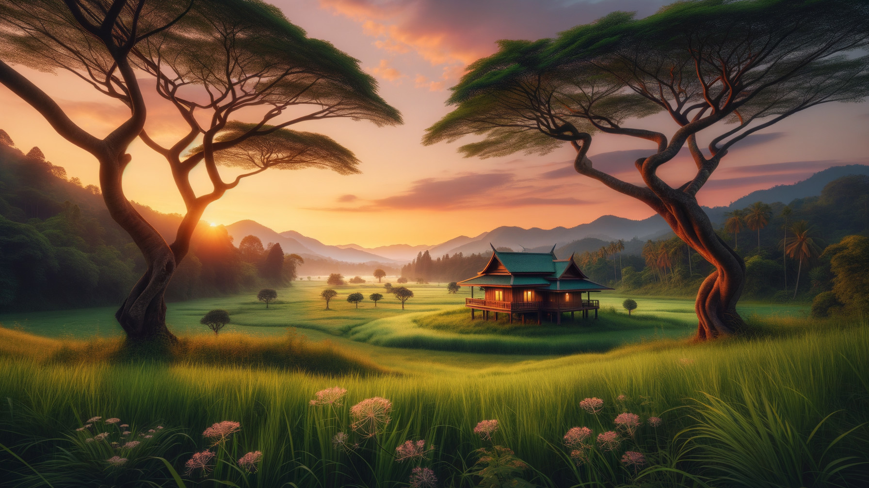 Serene Landscape with Traditional Home and Mountains