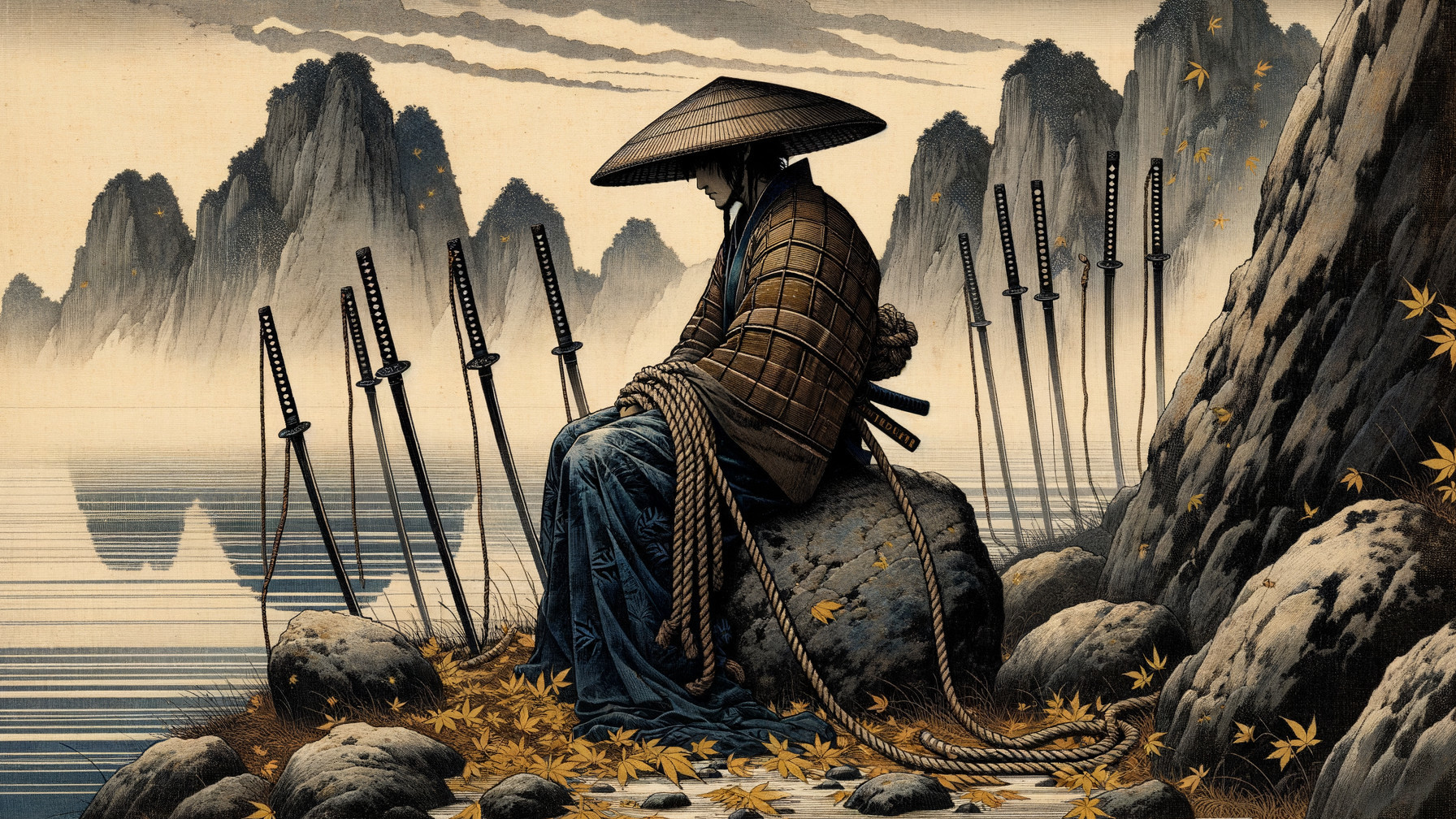 Contemplative Figure by Tranquil Water in Autumn