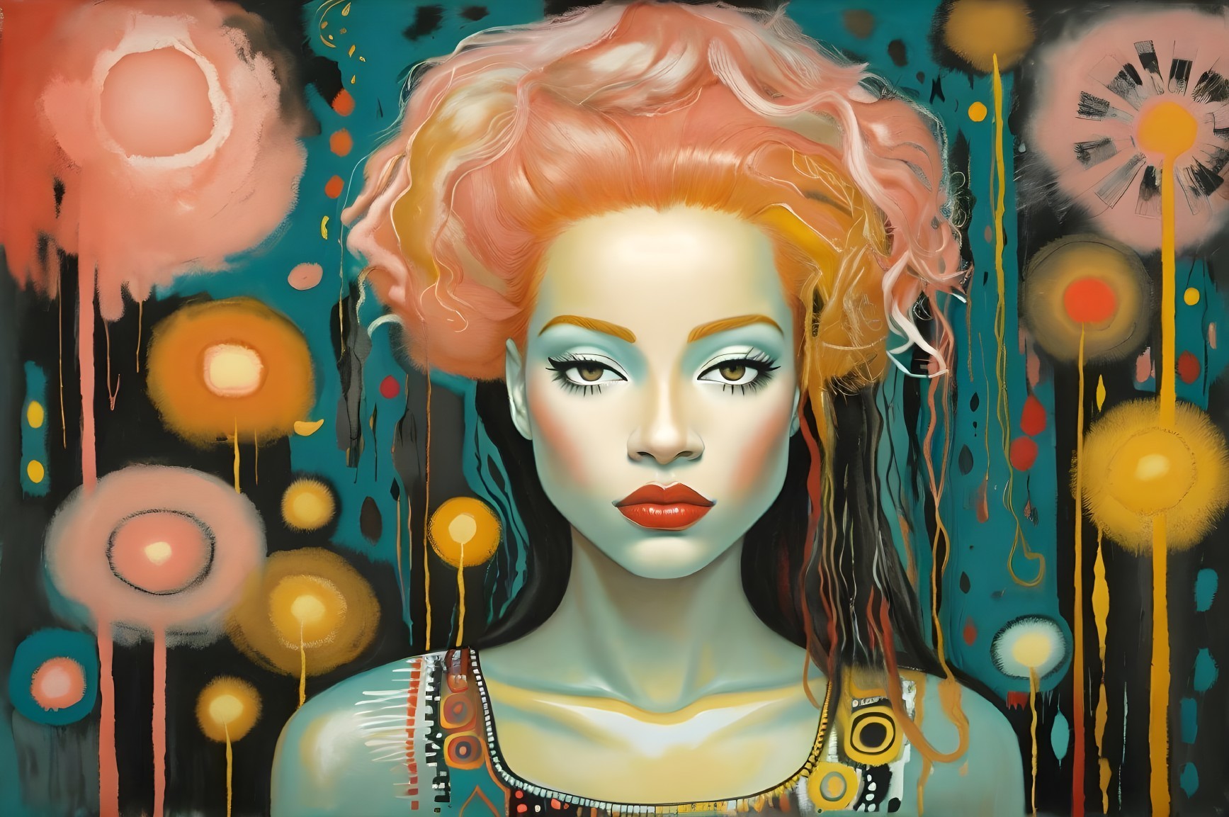 Vibrant Coral-Haired Woman in Abstract Colorful Background