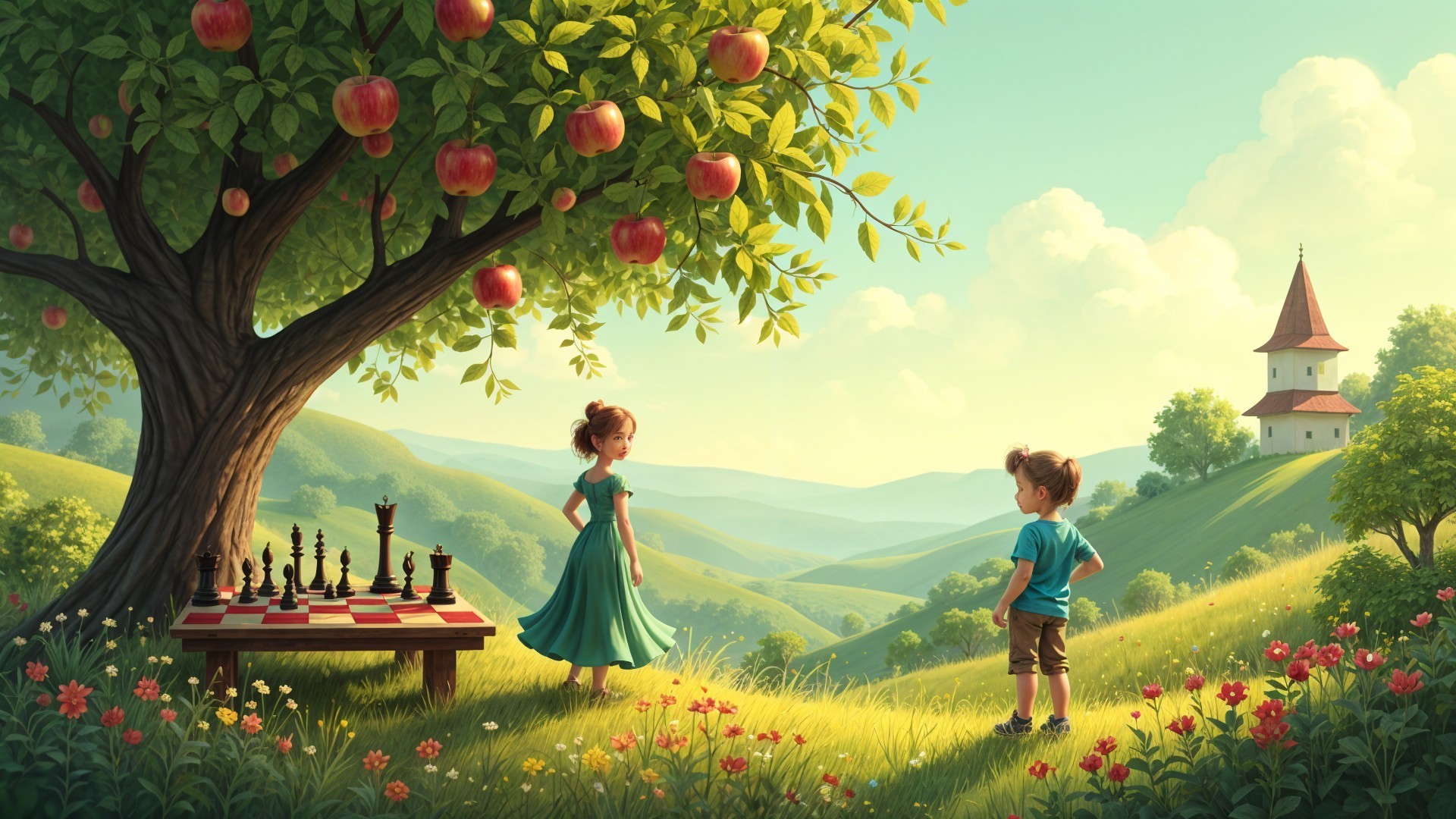 Serene Landscape with Children and Nature Elements