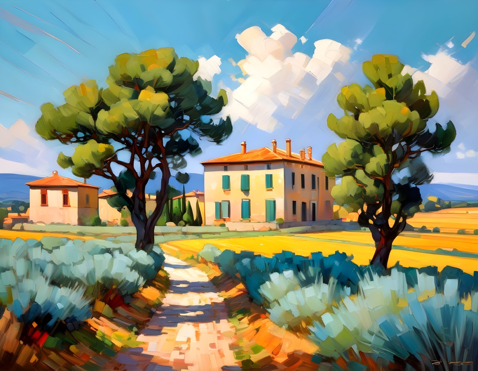 Vibrant Landscape with Winding Path and Sunlit House