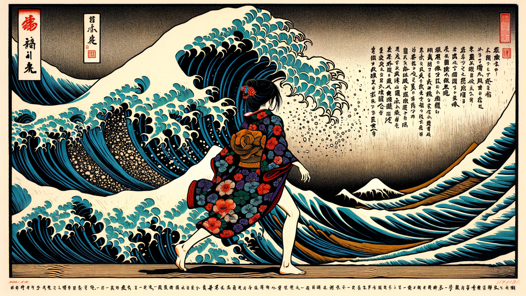 Ukiyo-e Woodblock Print of Woman by Waves