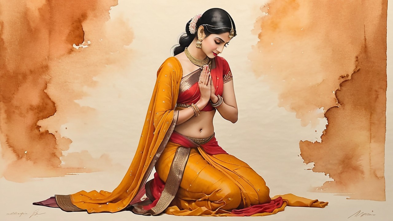 Graceful Woman in Vibrant Orange and Gold Saree