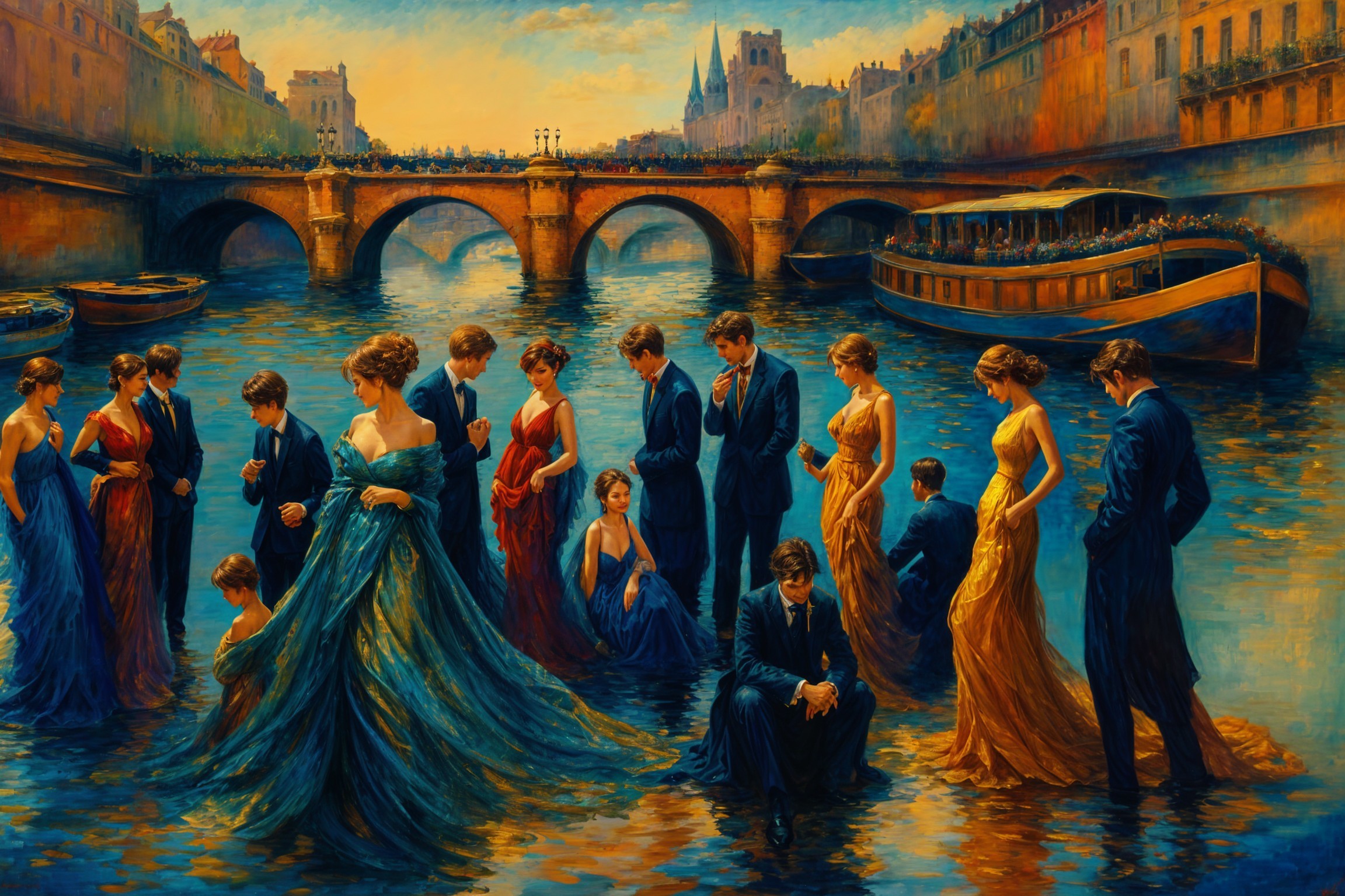 Impressionistic Scene of Elegant Men and Women by River