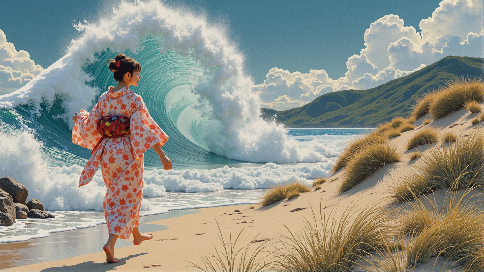 Young woman in floral kimono on sandy beach