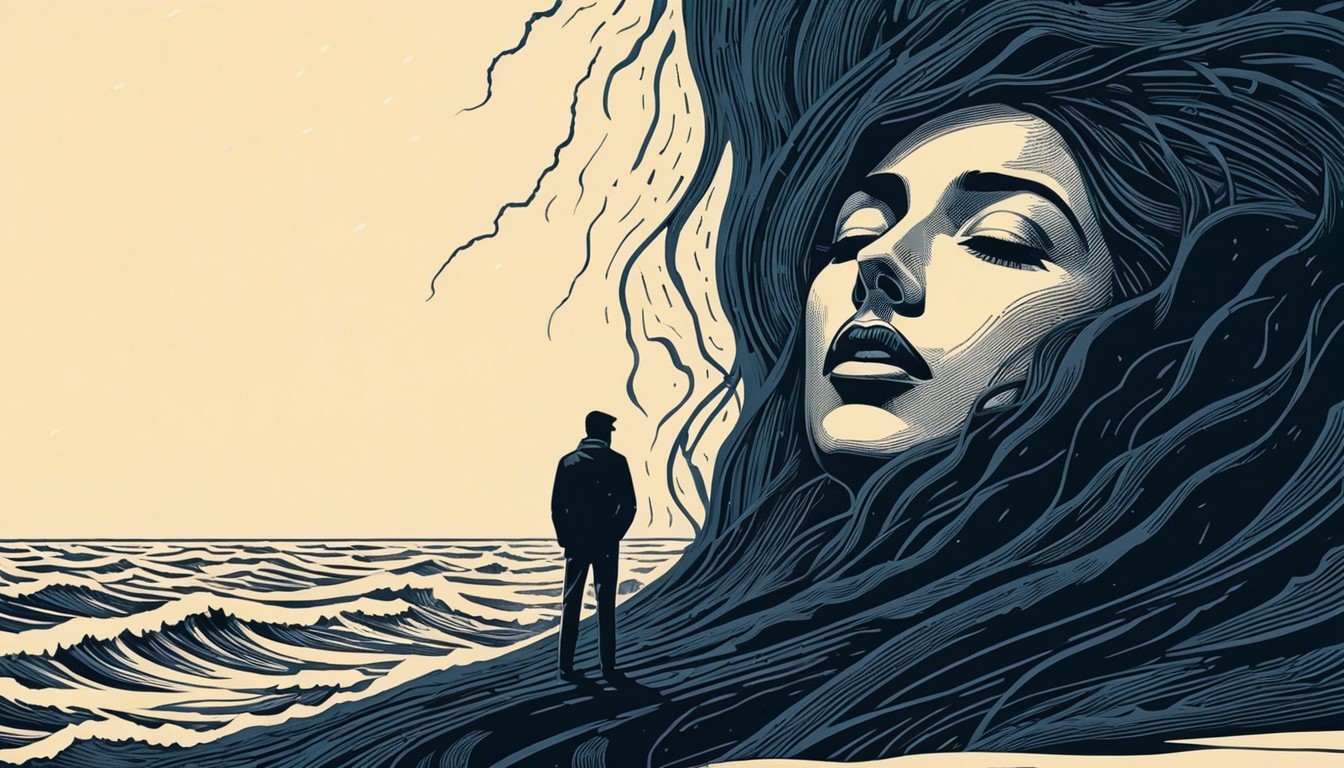 Lone Figure on Shoreline with Oceanic Woman's Face