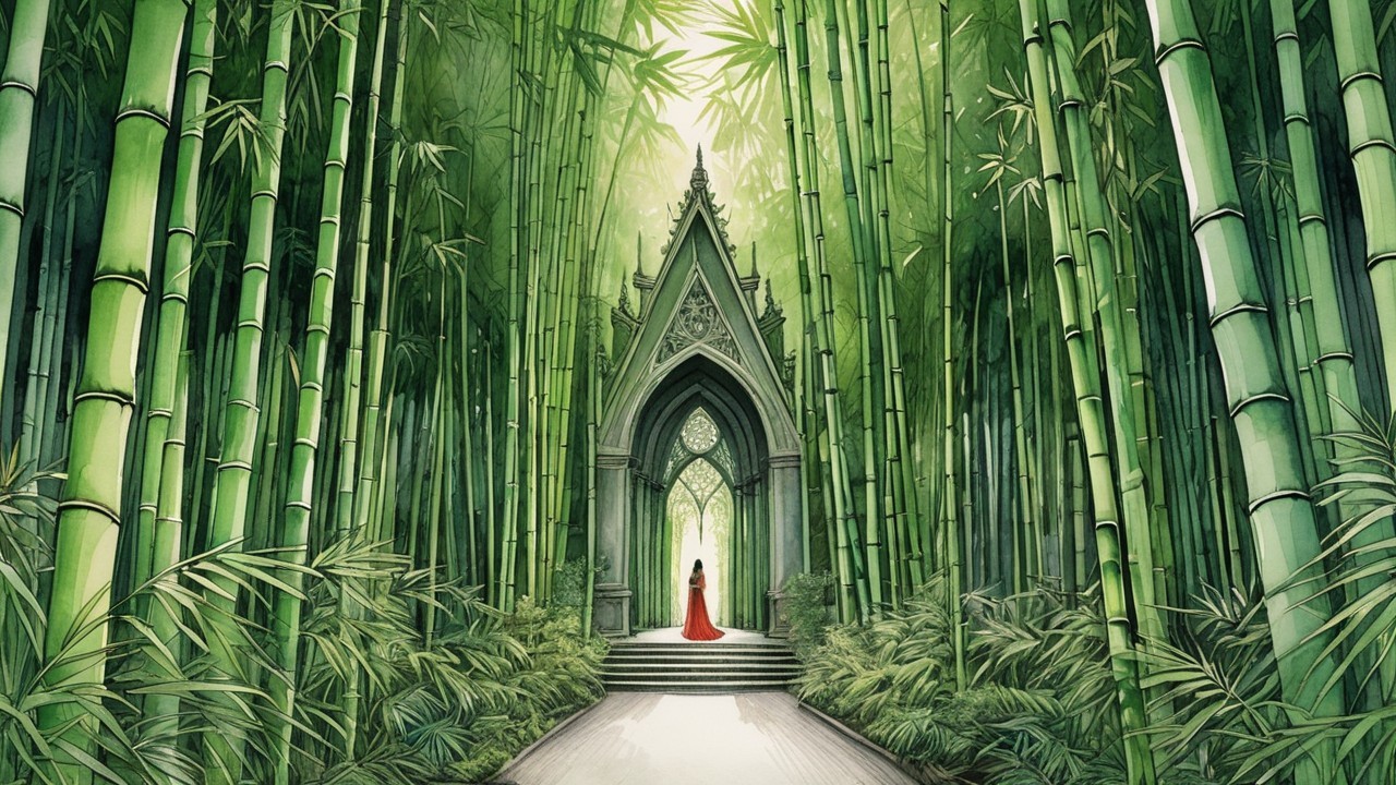 Bamboo Grove with Gothic Archway and Red Dress Figure