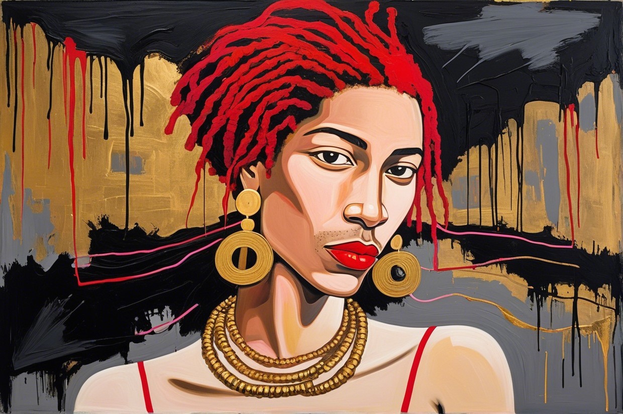 Portrait of a Person with Red Dreadlocks and Gold Accents