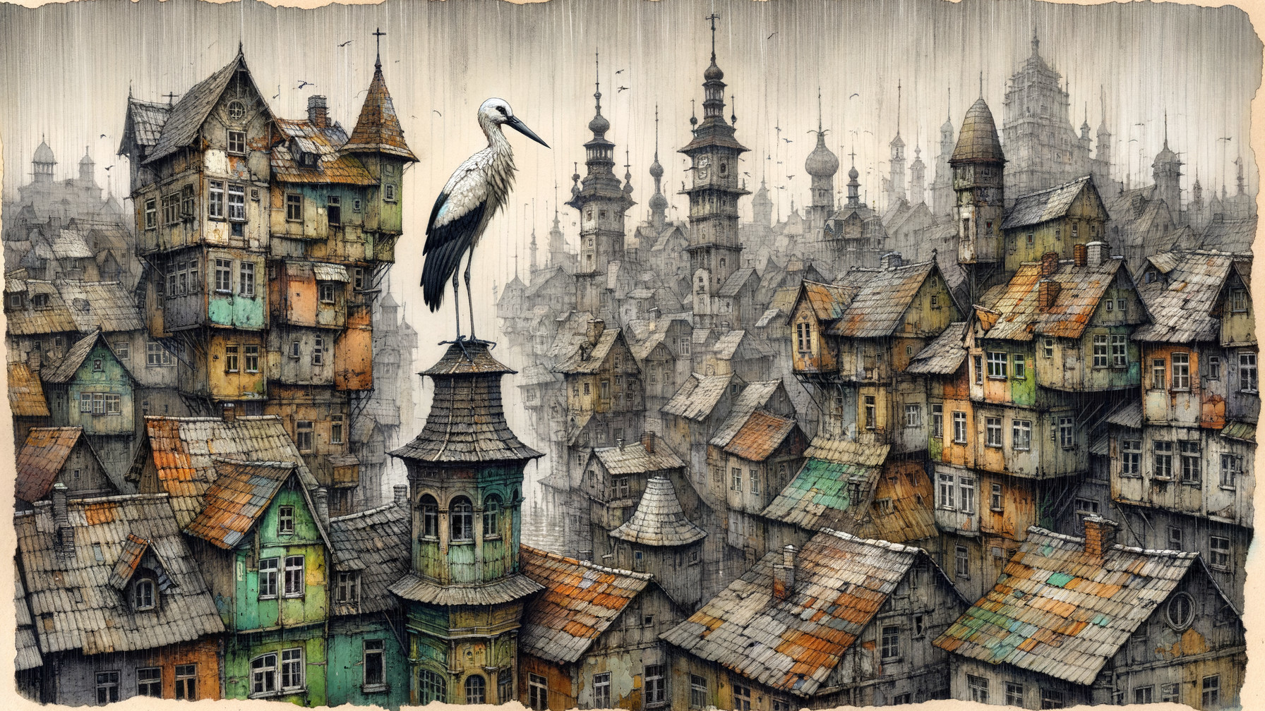 Whimsical Cityscape with Colorful Buildings and Stork