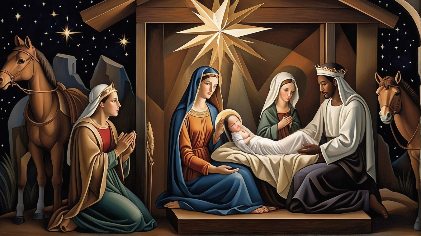 Serene Nativity Scene with Holy Family and Horses