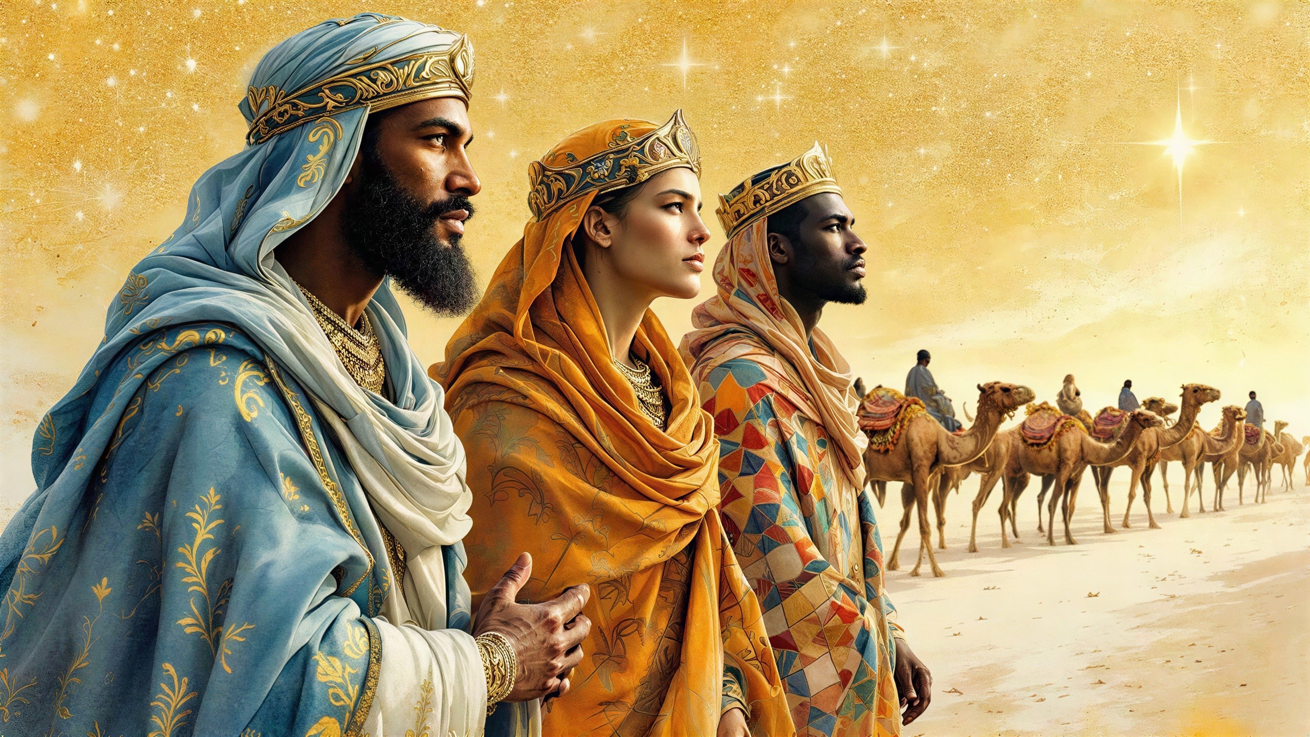 Three Wise Men and a Woman Following the Guiding Star