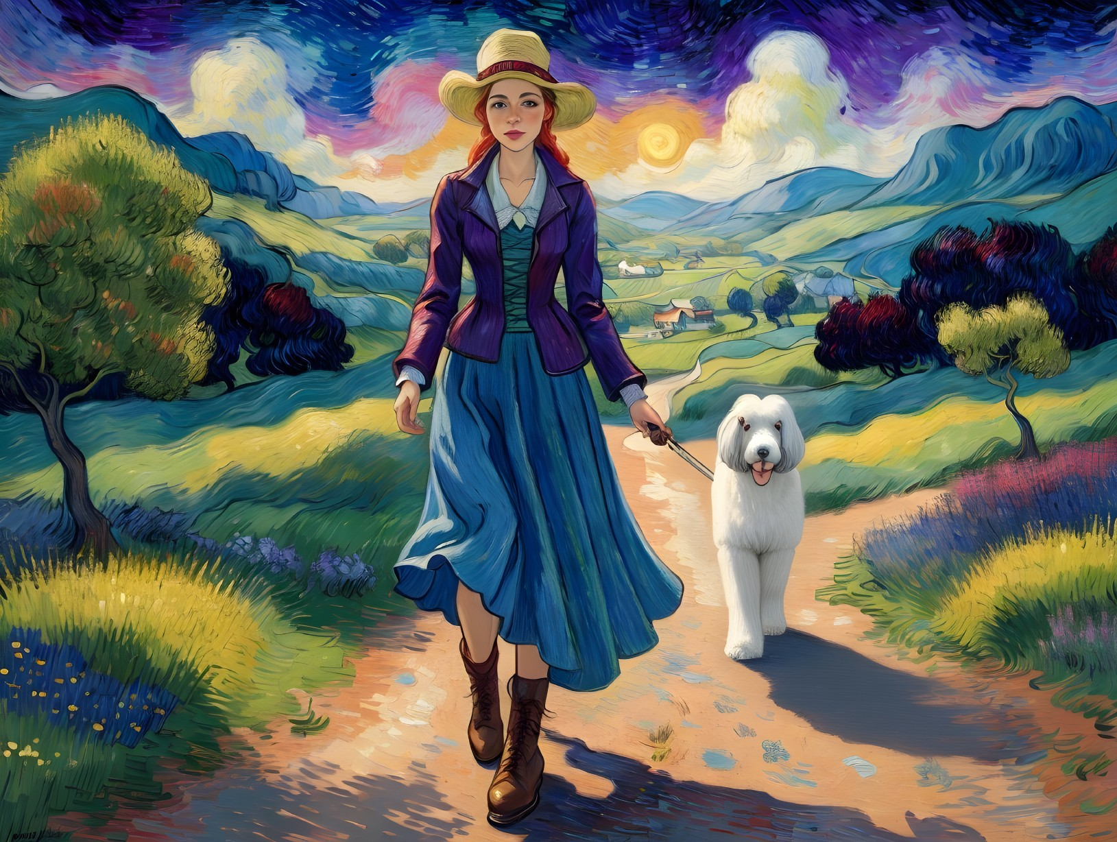 Woman Walking a Dog on a Colorful Countryside Path