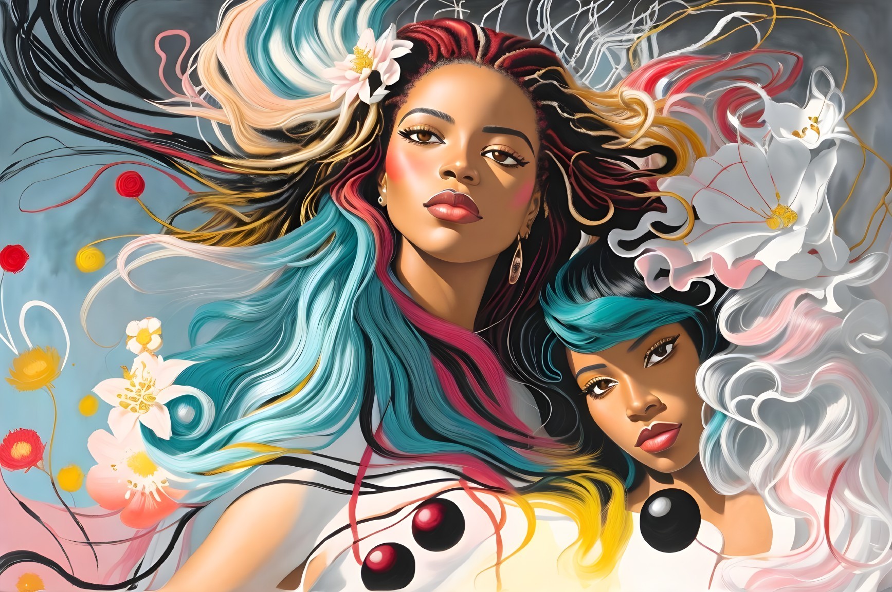 Striking Women with Vibrant Hair and Abstract Designs