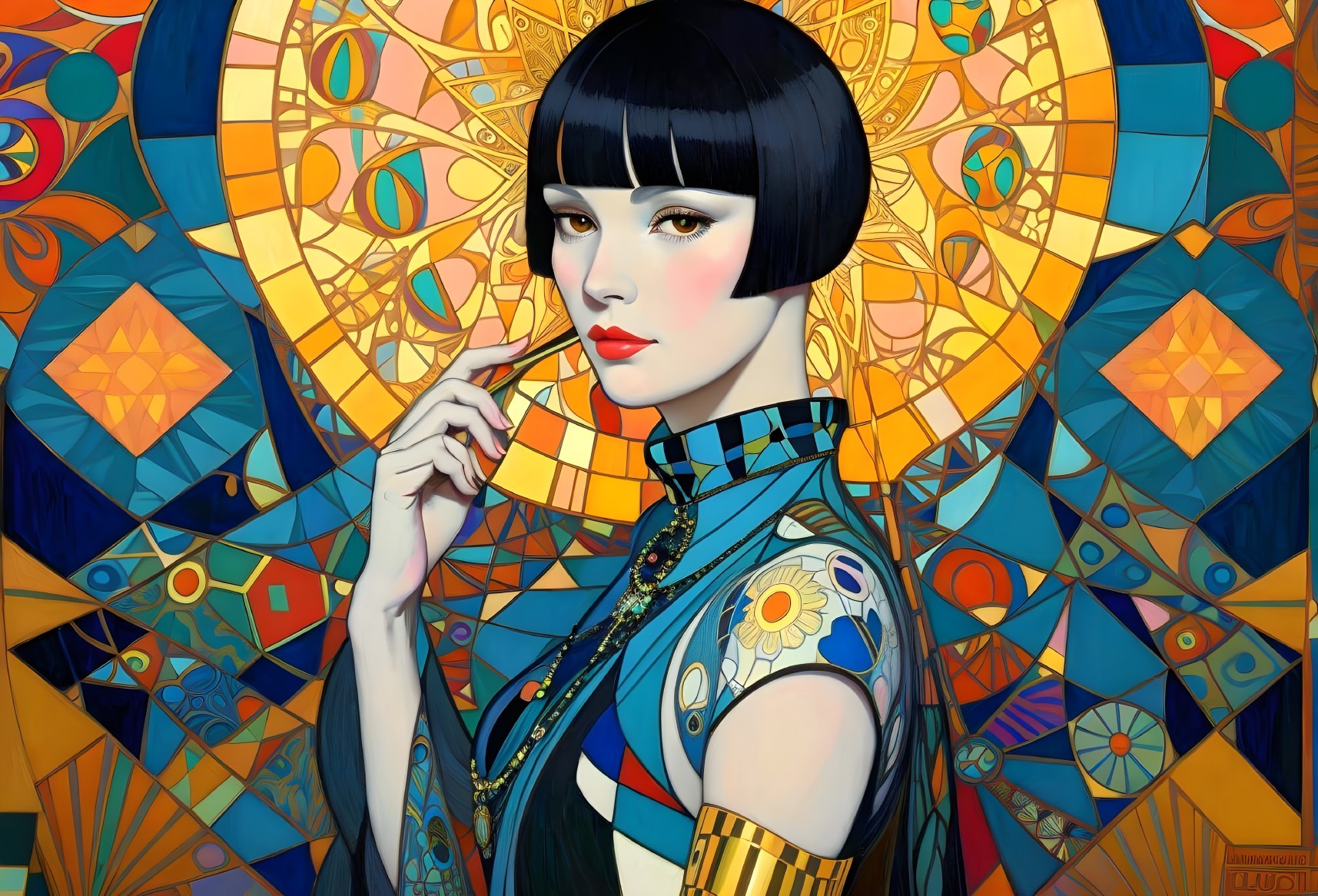Stylized Portrait of Woman with Bob Haircut and Jewelry
