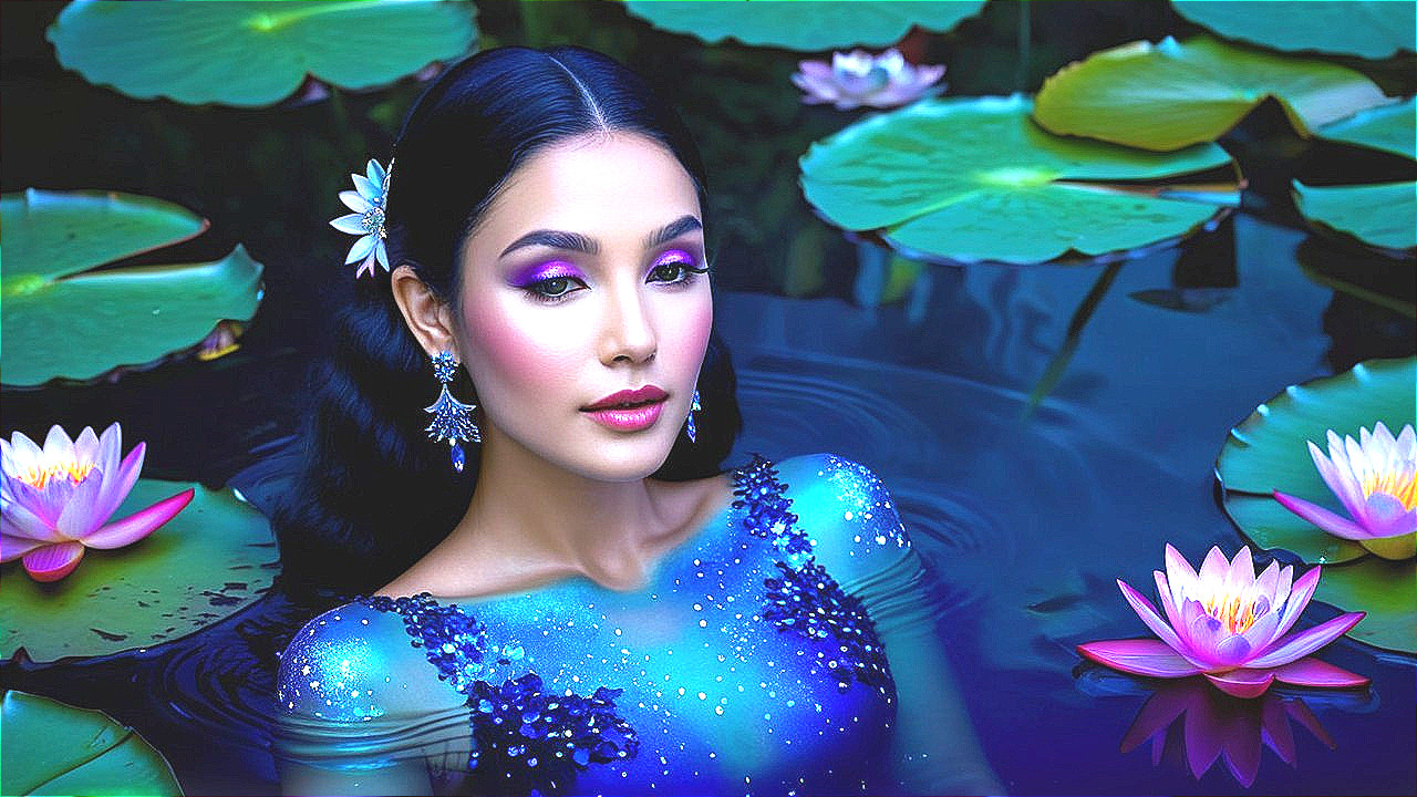 Beauty in a Serene Pond with Water Lilies and Gown