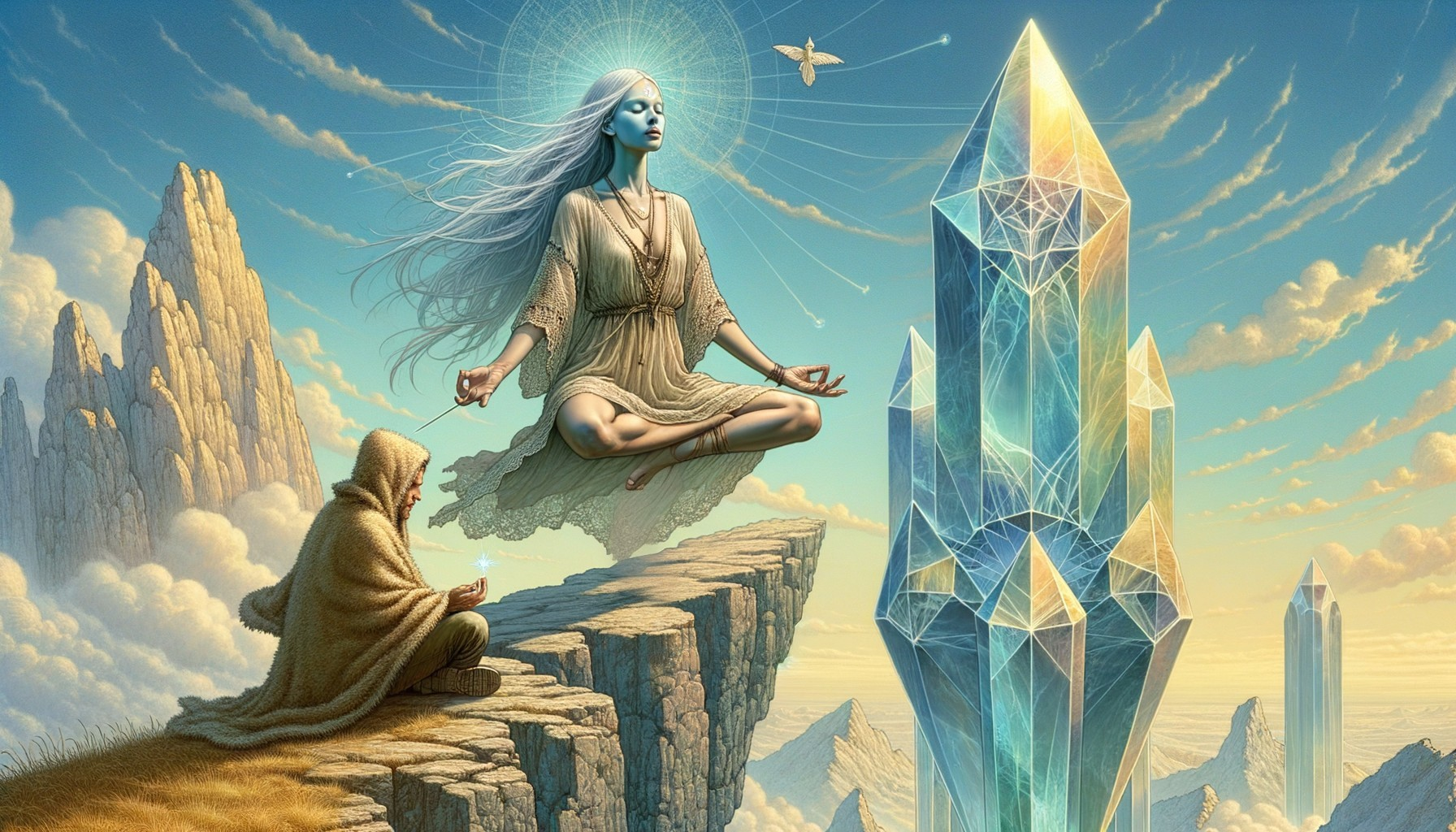 Surreal Landscape with Floating Figure and Crystals