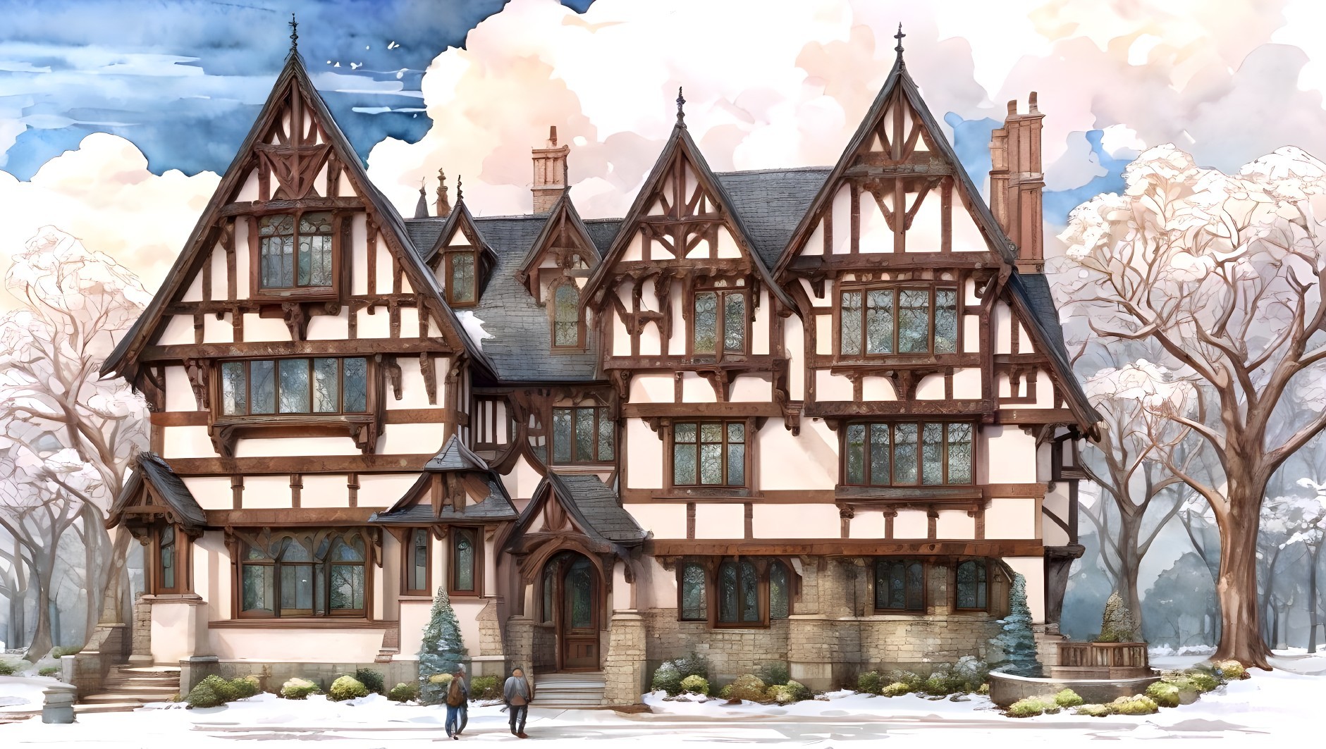 Illustration of Tudor Mansion in Snowy Landscape with Figures