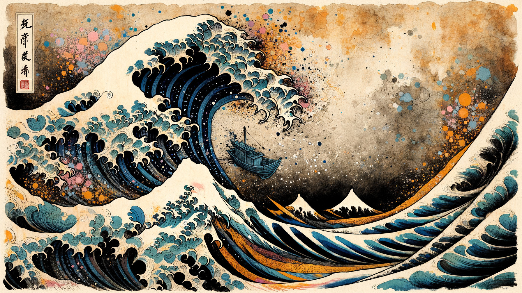 Vibrant Wave and Boat in a Dynamic Seascape Scene