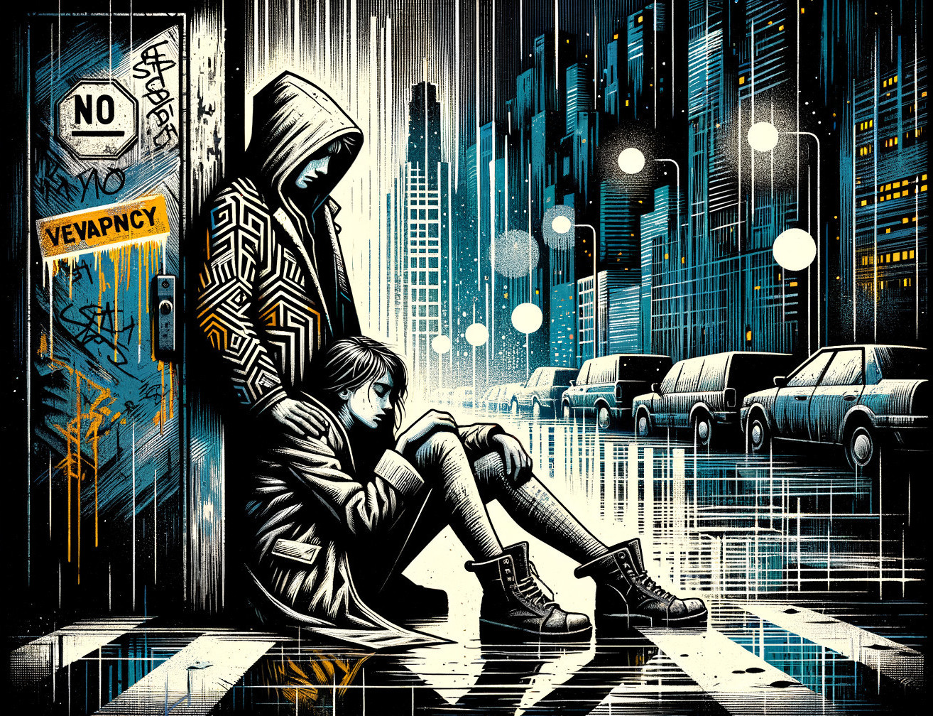 Digital Illustration of Urban Scene with Young Figures